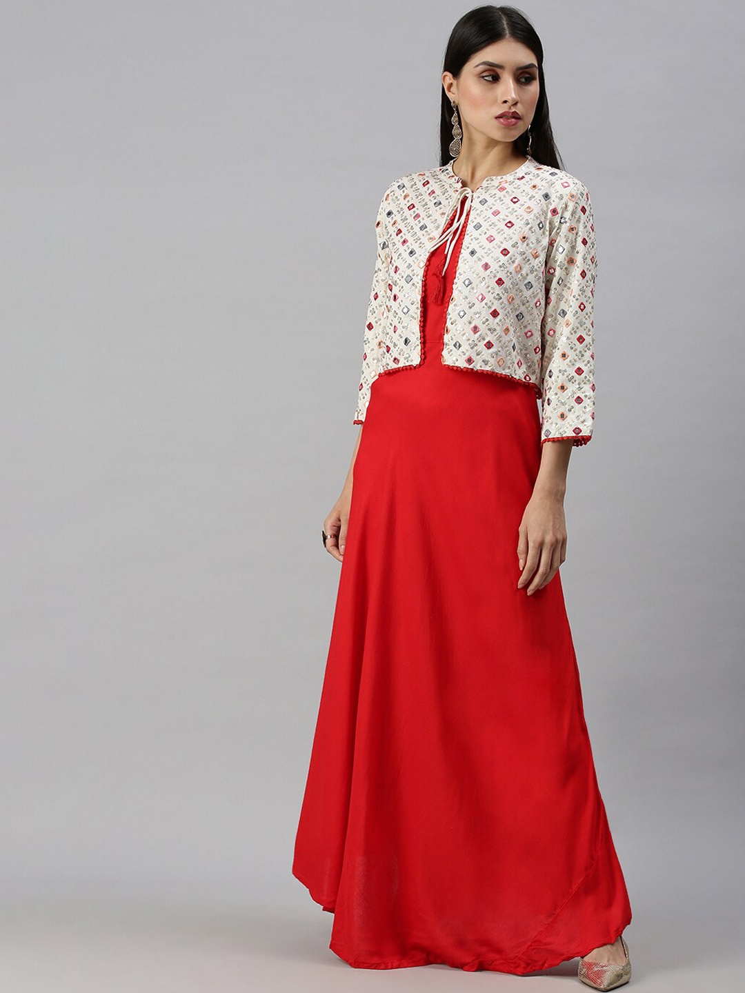 

SHOWOFF Round Neck Maxi Ethnic Dress With Embroidered Jacket, Red