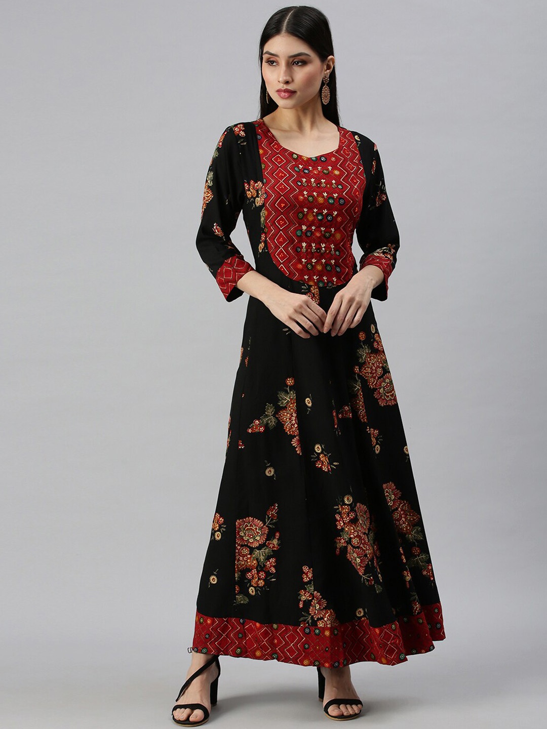 

SHOWOFF Ethnic Motifs Printed Embroidered A-Line Dress, Black