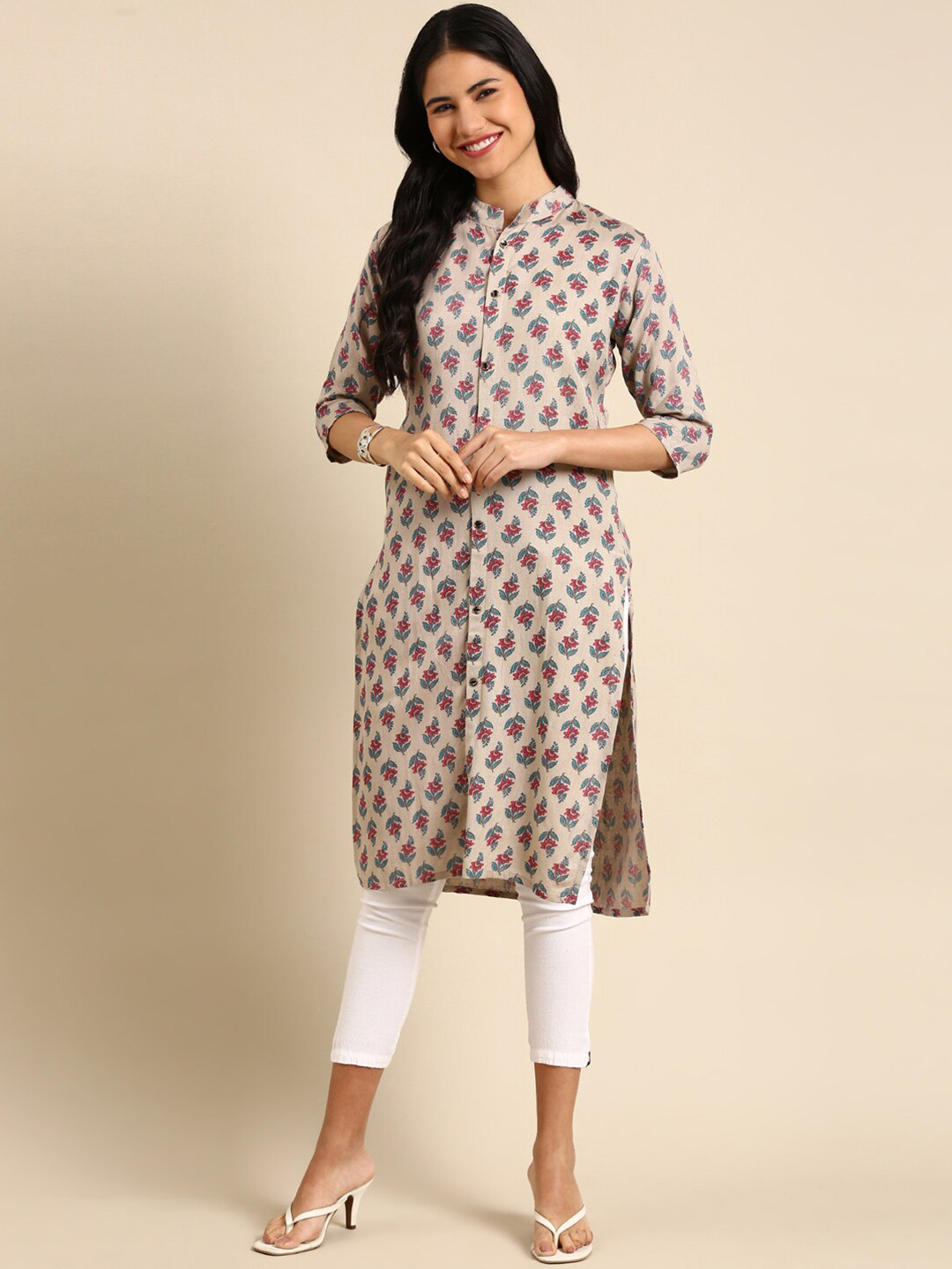 

SHOWOFF Floral Printed Band Collar Art Slik Kurta, Taupe