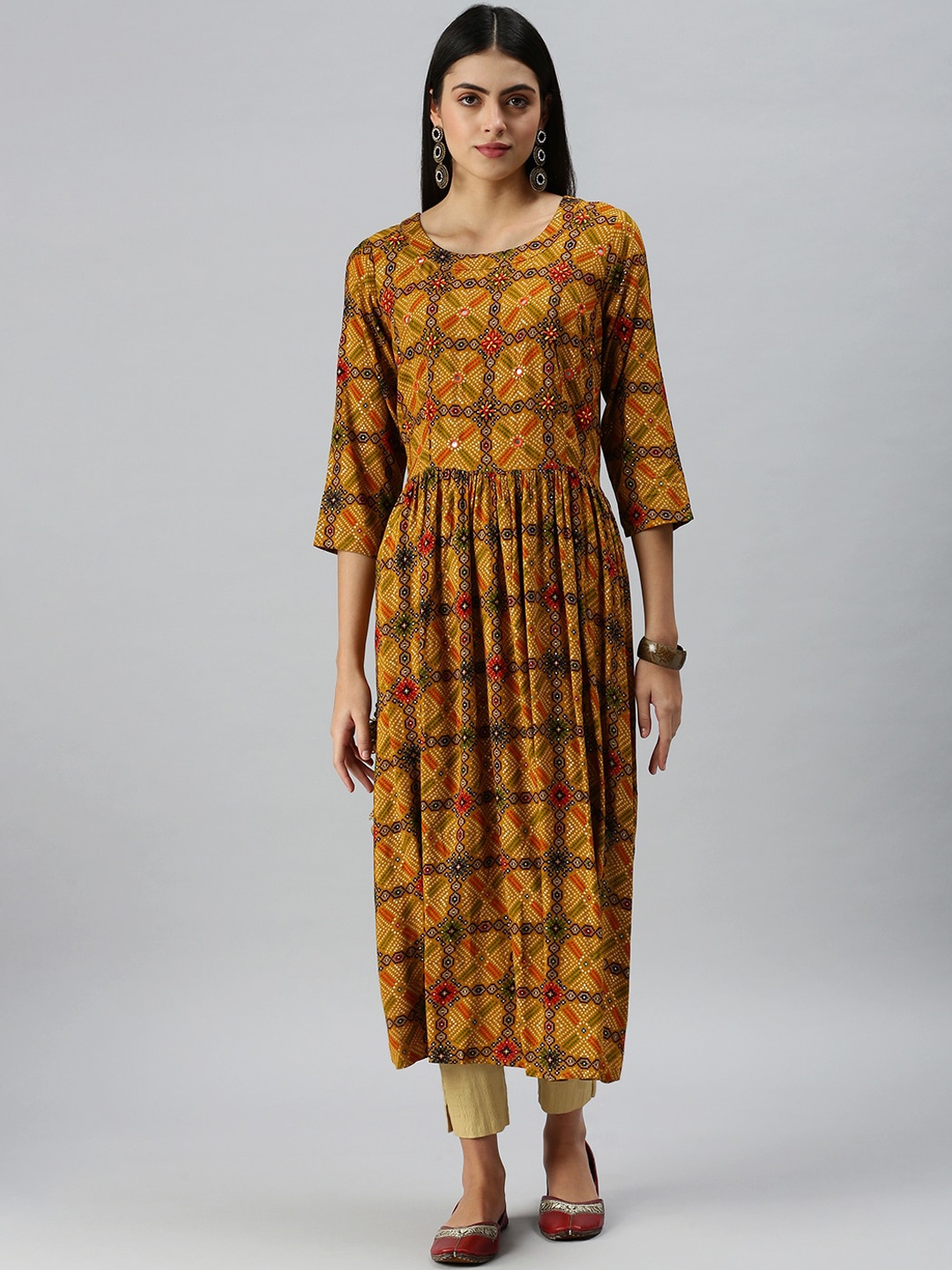 

SHOWOFF Ethnic Motifs Printed Mirror Work Bandhani Pure Cotton A-Line Kurta, Yellow