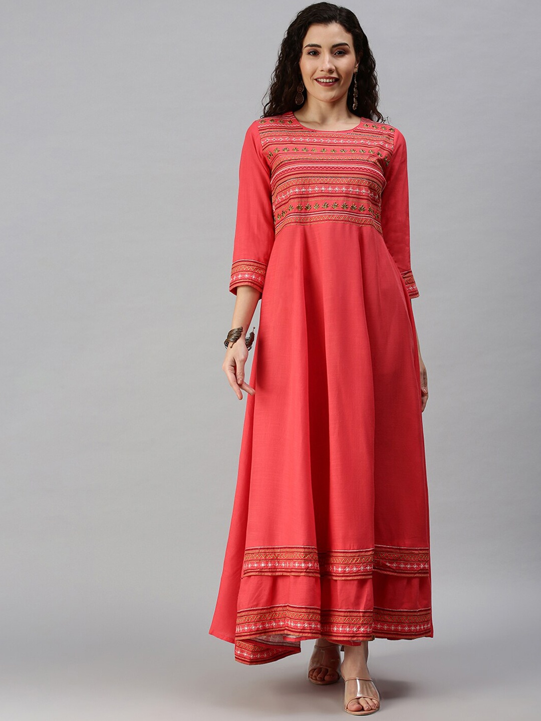 

SHOWOFF Ethnic Motifs Embroidered A-Line Dress, Pink