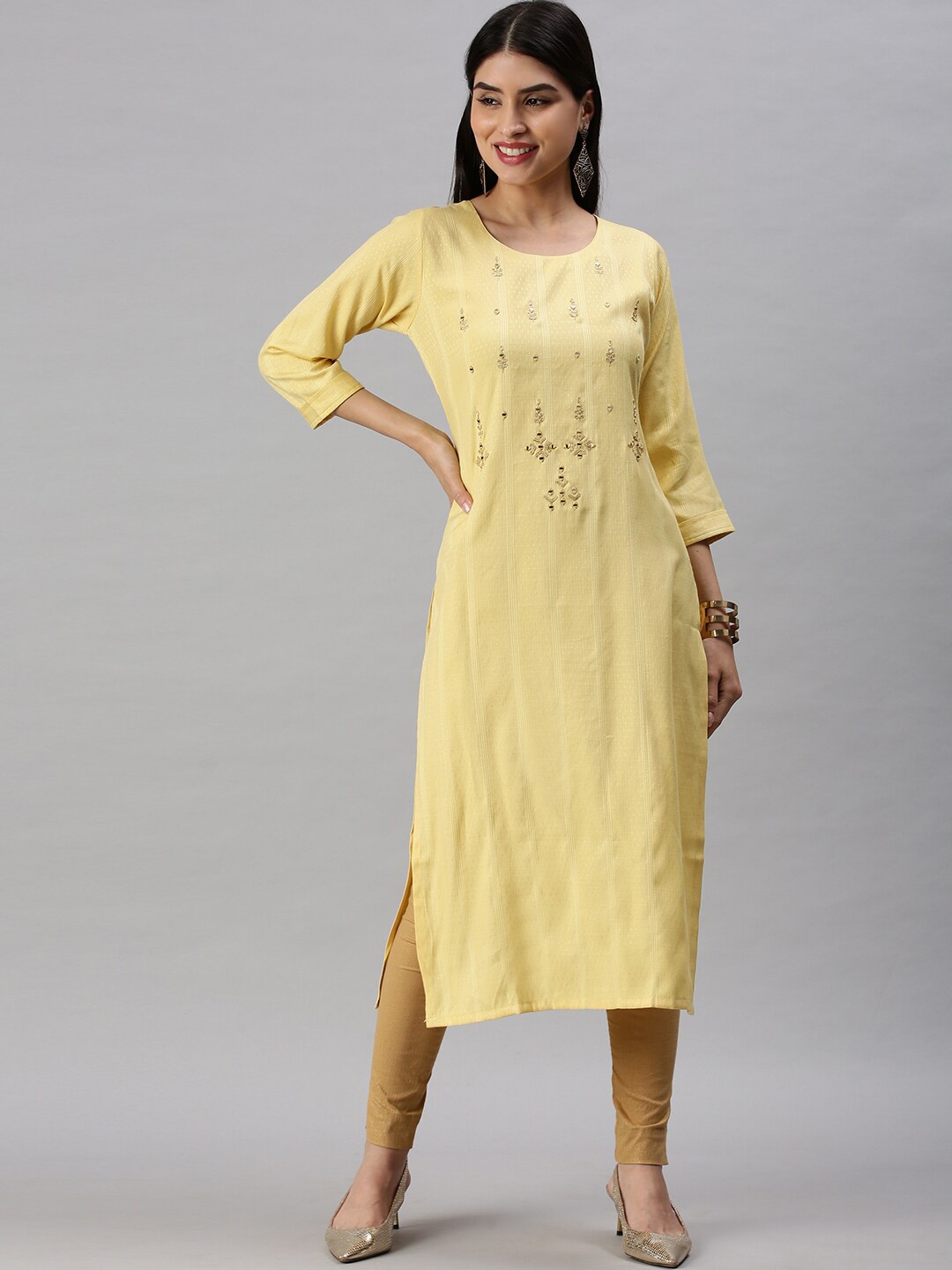 

SHOWOFF Ethnic Motifs Embroidered Mirror Work Cotton Straight Kurta, Yellow