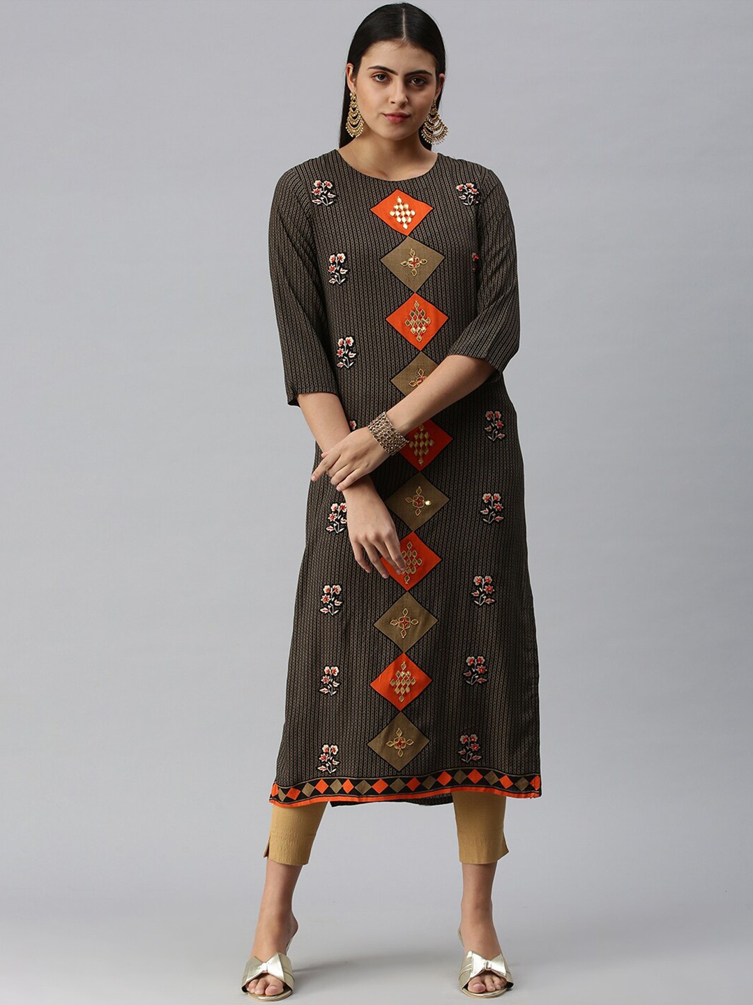 

SHOWOFF Geometric Printed Thread Work Cotton Kurta, Black