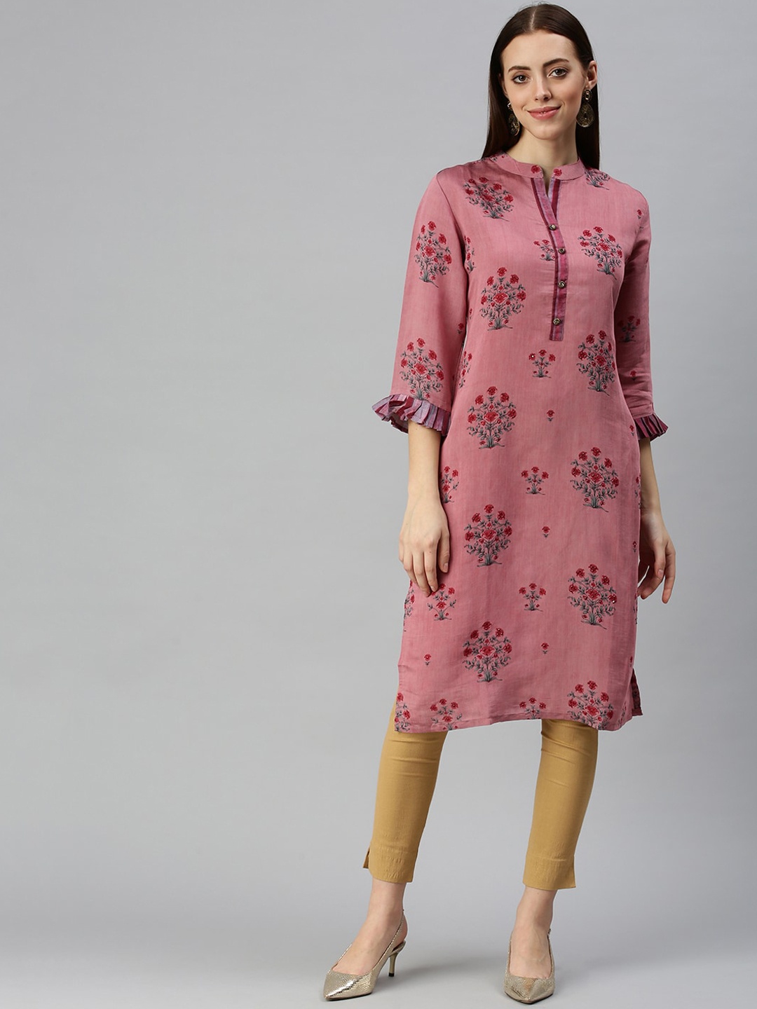 

SHOWOFF Floral Printed Band Collar Beads and Stones Kurta, Mauve