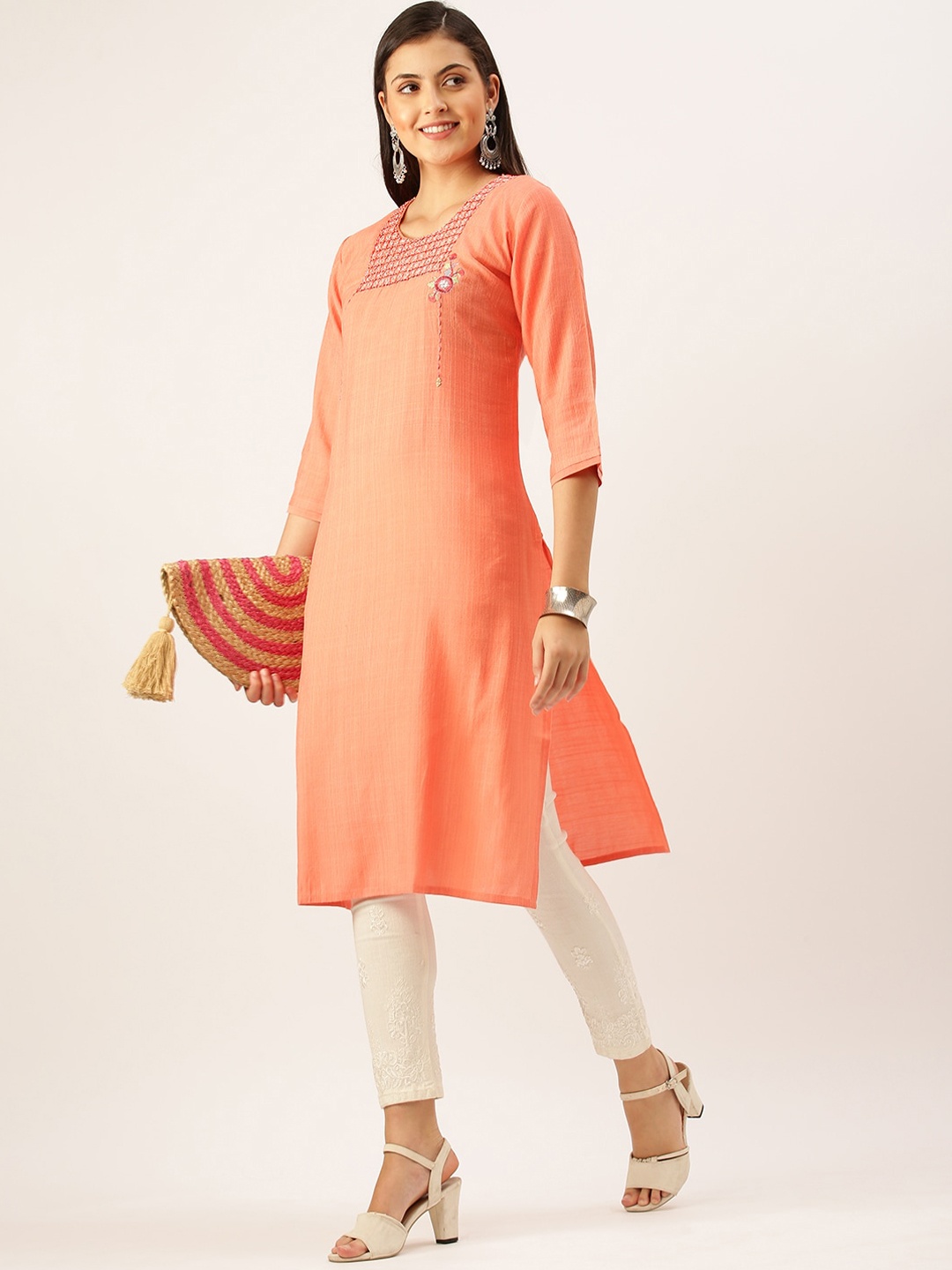 SHOWOFF Floral Embroidered Thread Work Pastels Kurta, Orange
