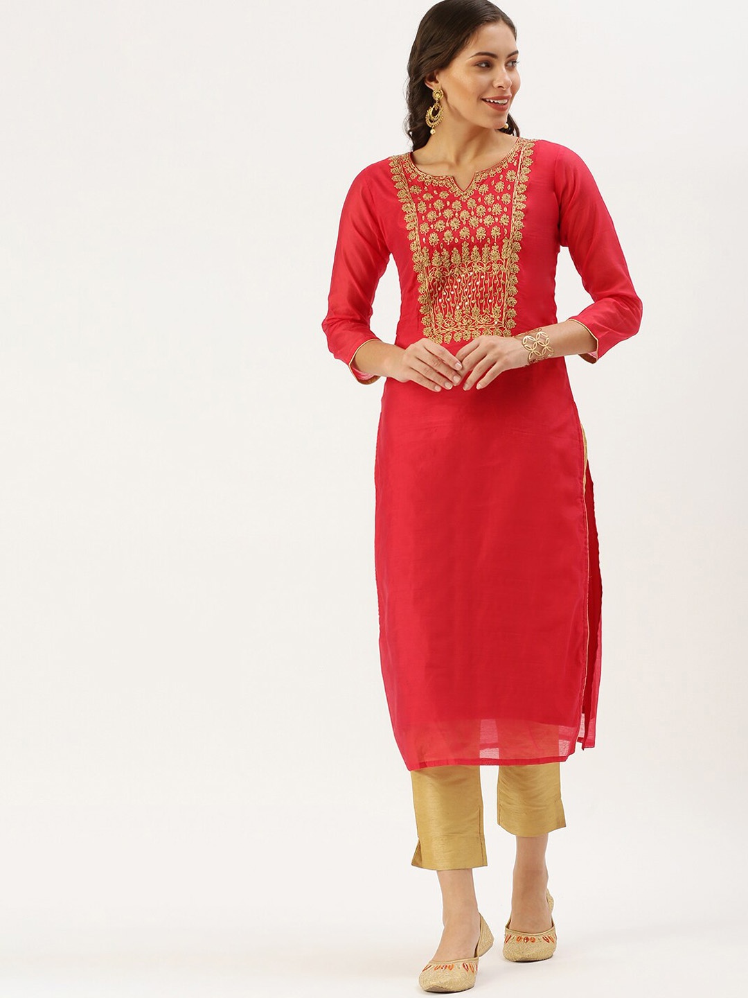 

SHOWOFF Ethnic Motifs Yoke Design Thread Work Straight Kurta, Red