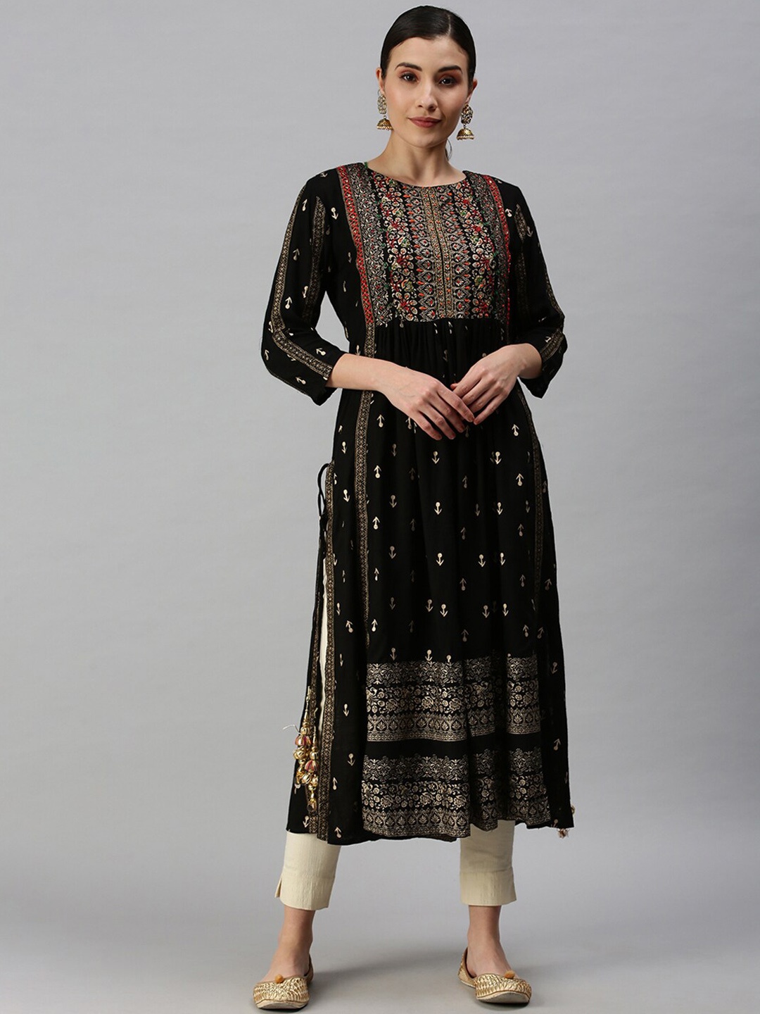 

SHOWOFF Ethnic Motifs Printed Thread Work Cotton A-Line Kurta, Black