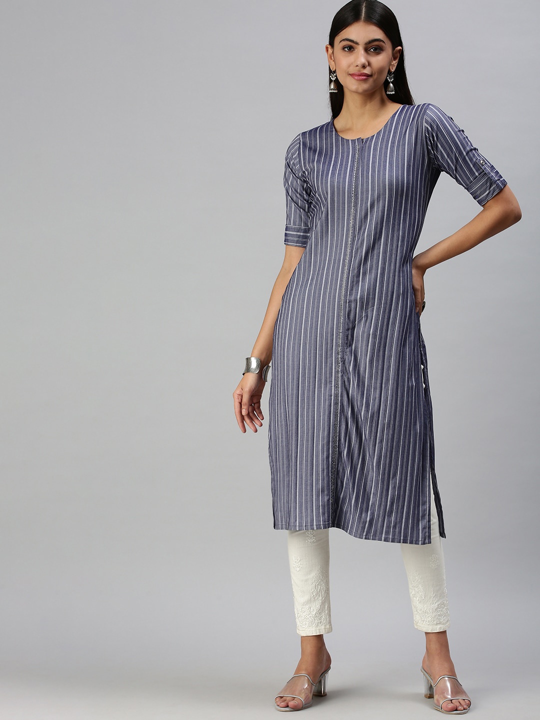 

SHOWOFF Striped Roll Up Sleeves Kurta, Navy blue