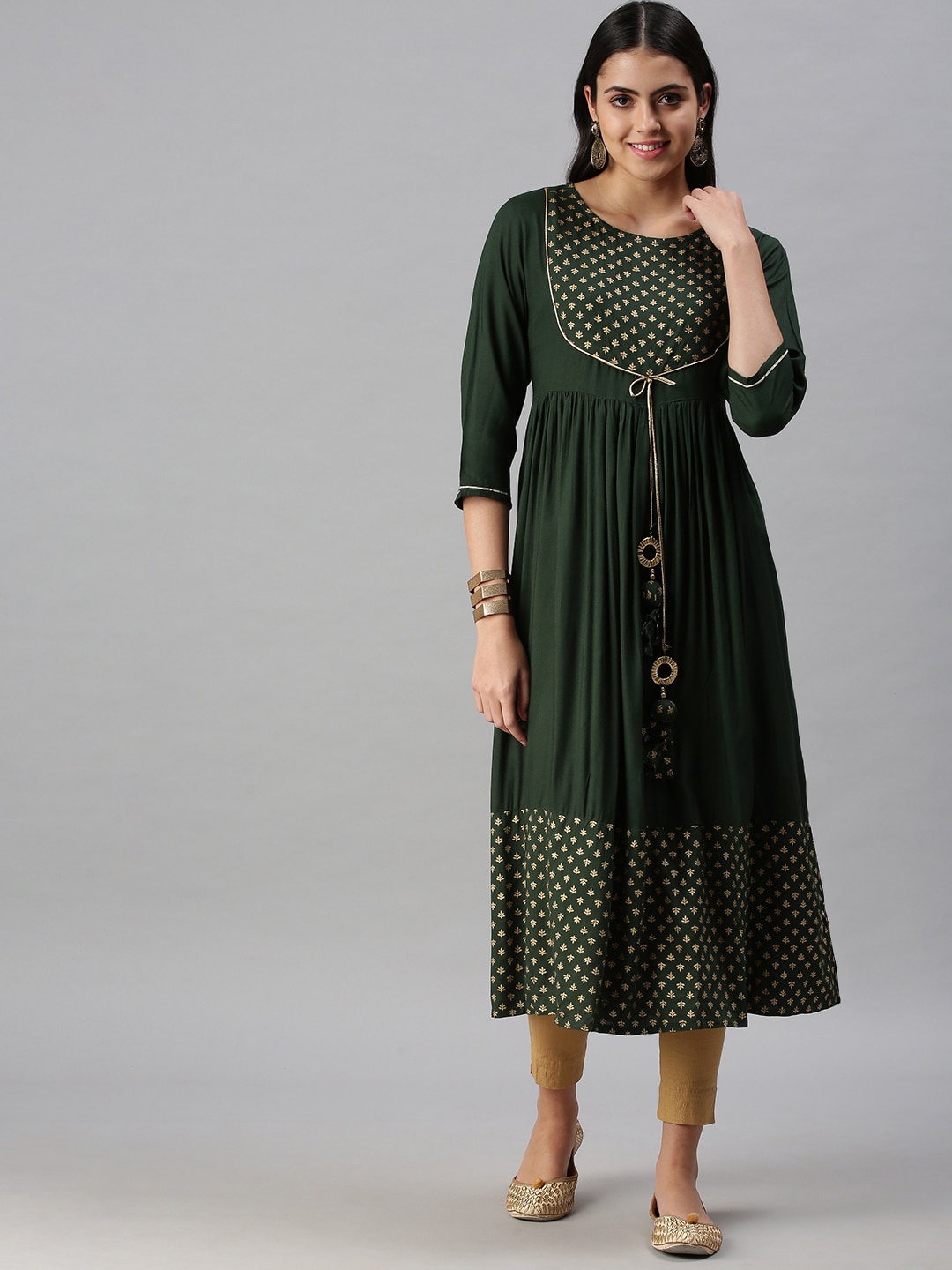 

SHOWOFF Ethnic Motifs Yoke Design Anarkali Kurta, Green