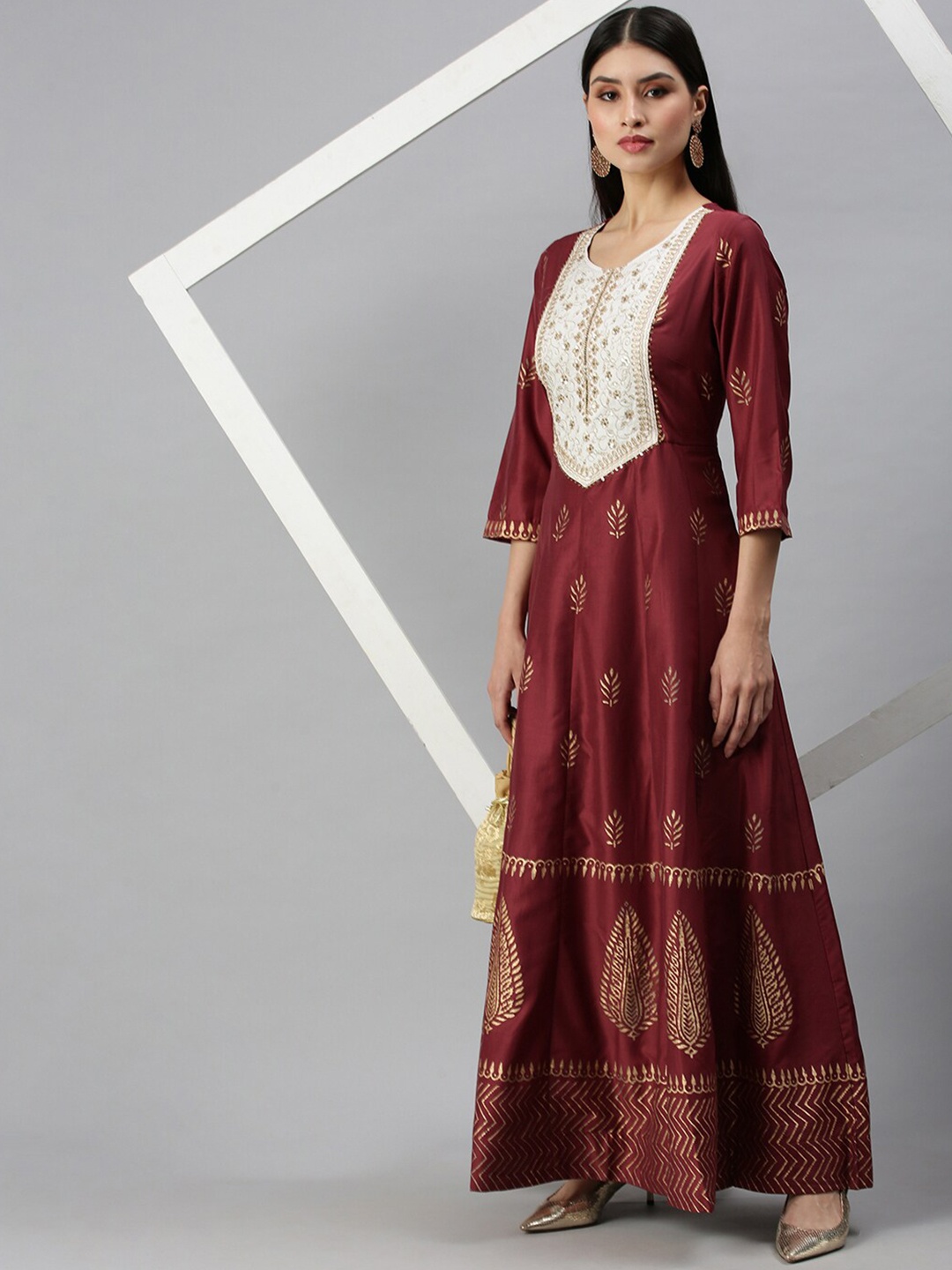 

SHOWOFF Ethnic Motifs Printed Sequinned A-Line Dress, Maroon