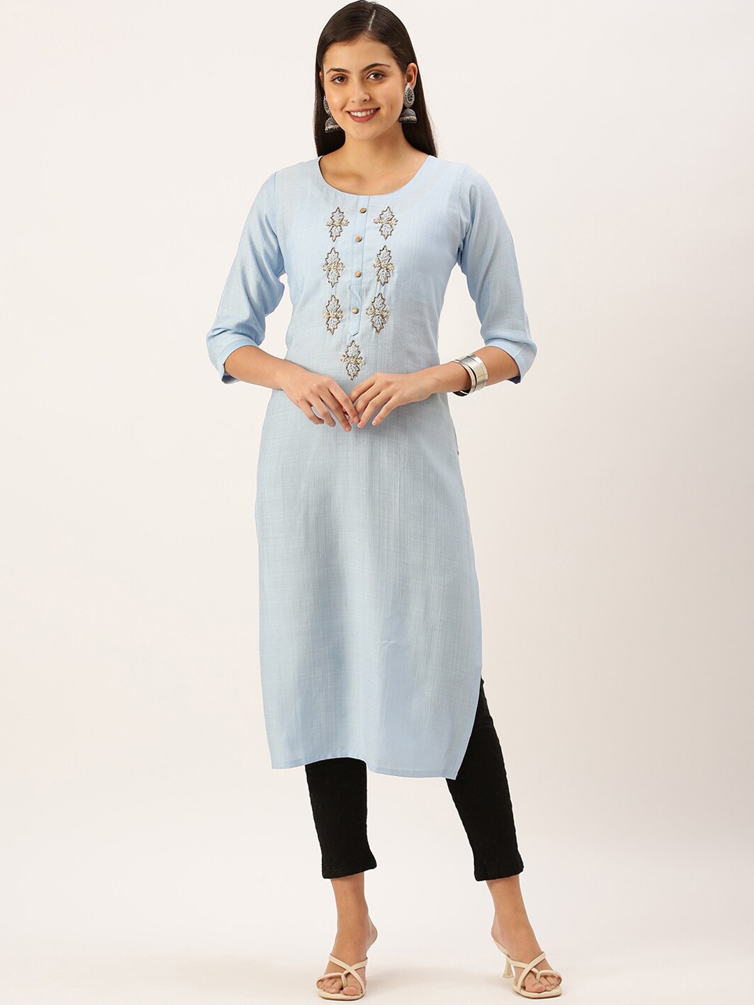 

SHOWOFF Embellished Round Neck Beads and Stones Straight Kurta, Blue