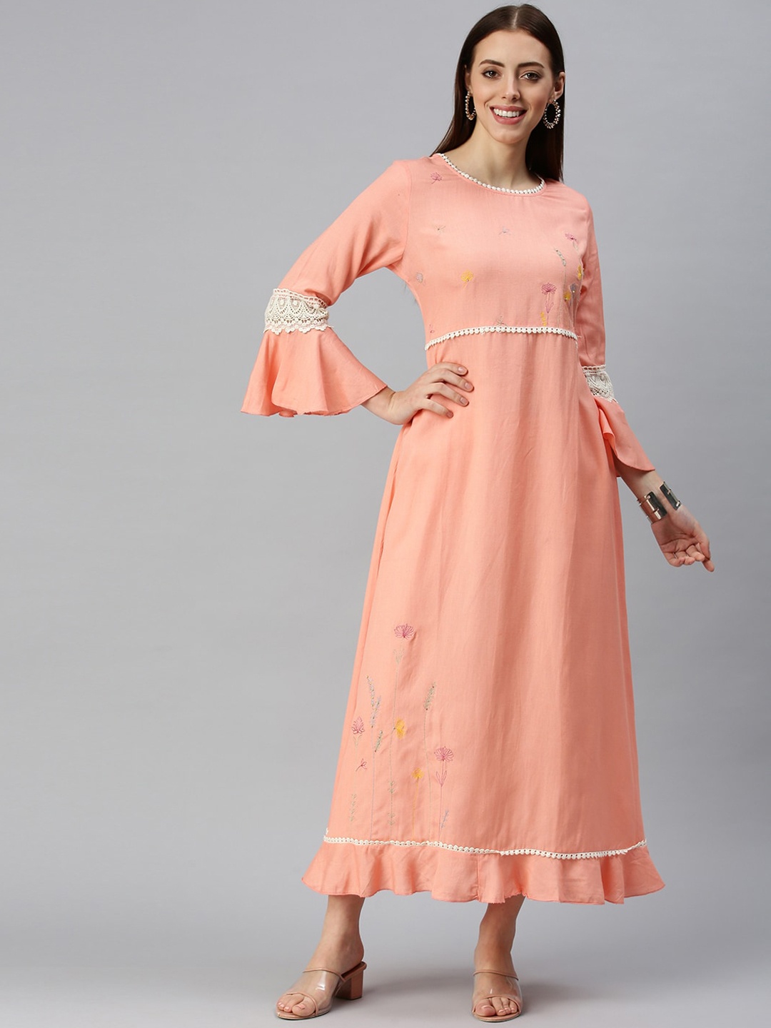 

SHOWOFF Floral Embroiderd Lace Up A-line Dress, Peach