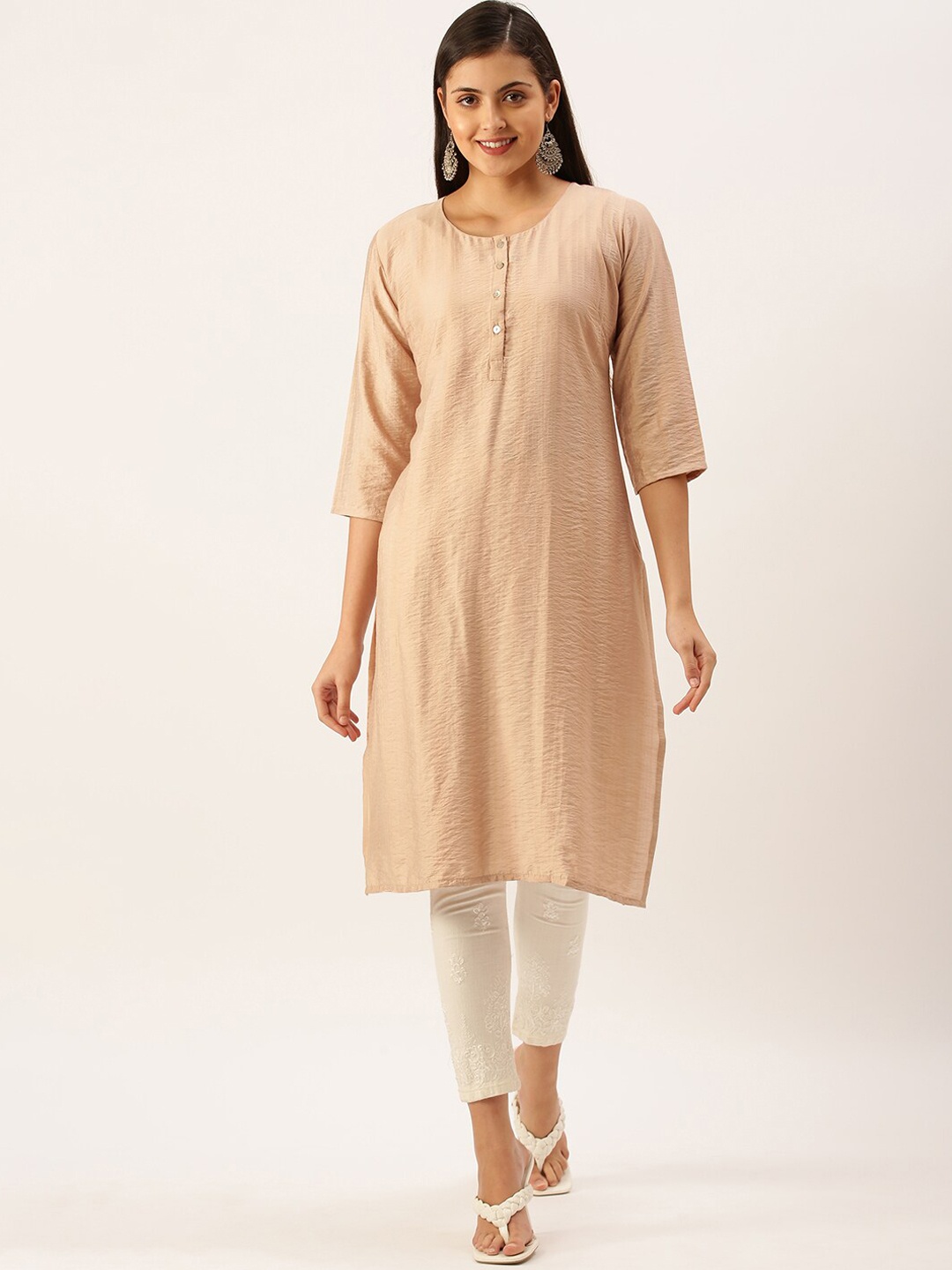 

SHOWOFF Round Neck Cotton Straight Regular Kurta, Beige