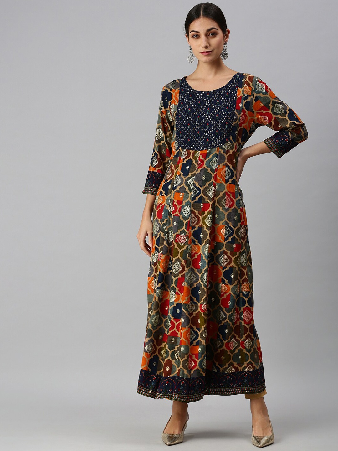 

SHOWOFF Ethnic Motifs Printed Sequinned Panelled A-Line Kurta, Navy blue