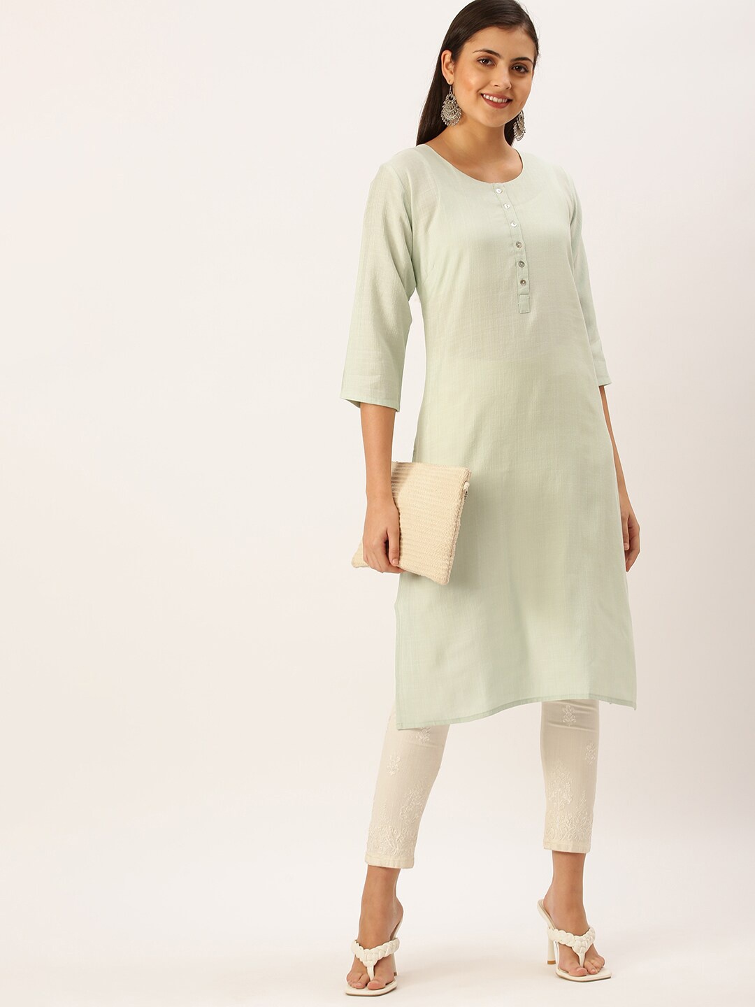 

SHOWOFF Round Neck Straight Kurta, Sea green