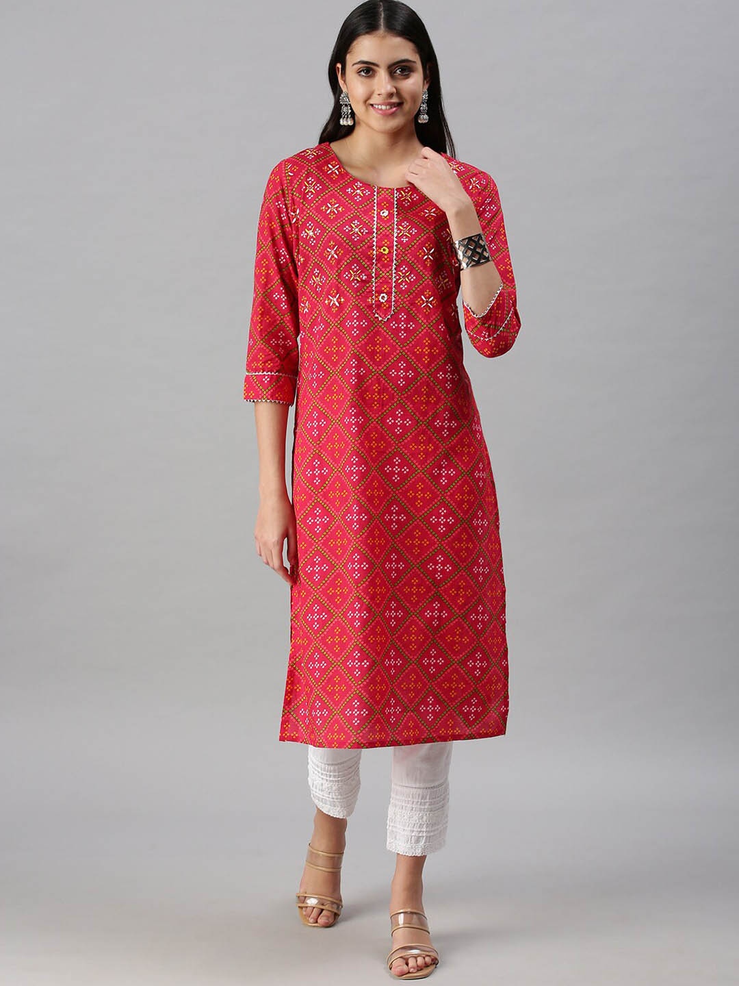 

SHOWOFF Geometric Printed Thread Work Cotton Straight Kurta, Pink