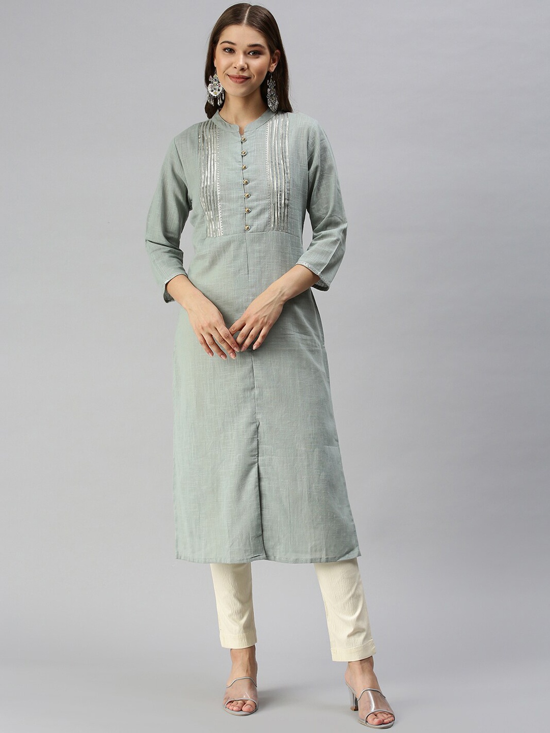 

SHOWOFF Striped Sequins Cotton A-Line Kurta, Grey