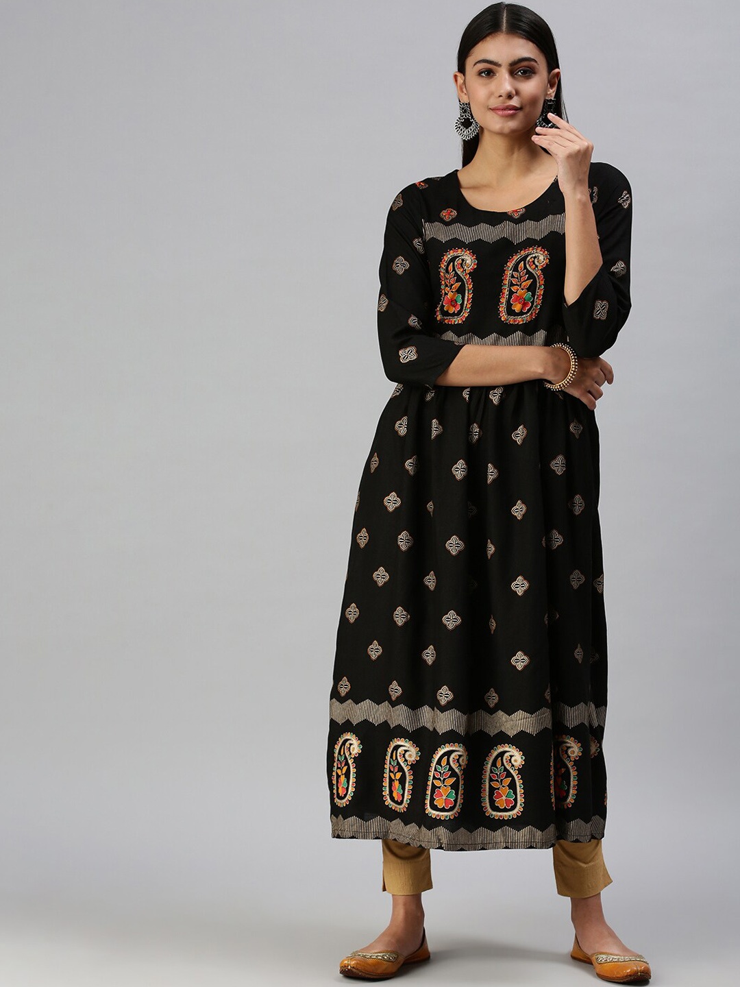 

SHOWOFF Ethnic Motifs Foil Printed Cotton A-Line Kurta, Black