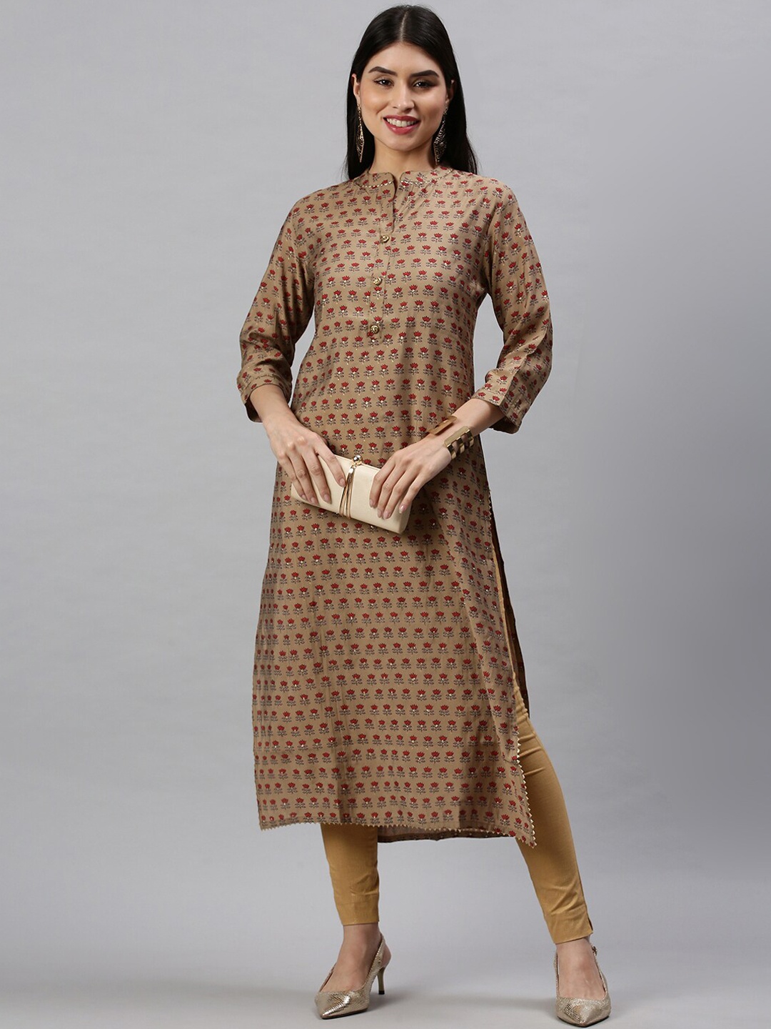 

SHOWOFF Floral Foil Printed Mandarin Collar Cotton Straight Kurta, Brown