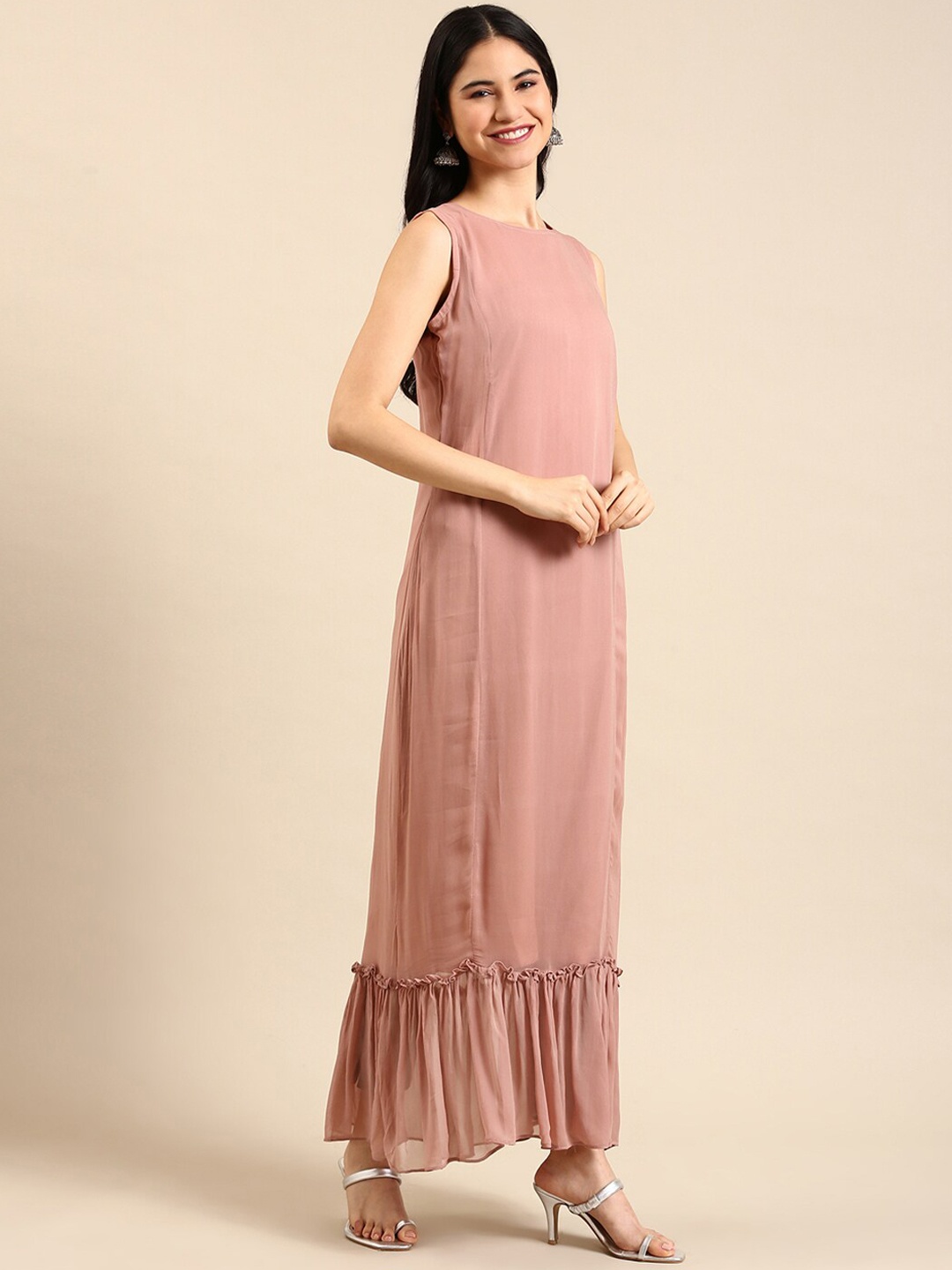 

SHOWOFF Embellished Beads and Stones Layered Georgette Kurta, Pink