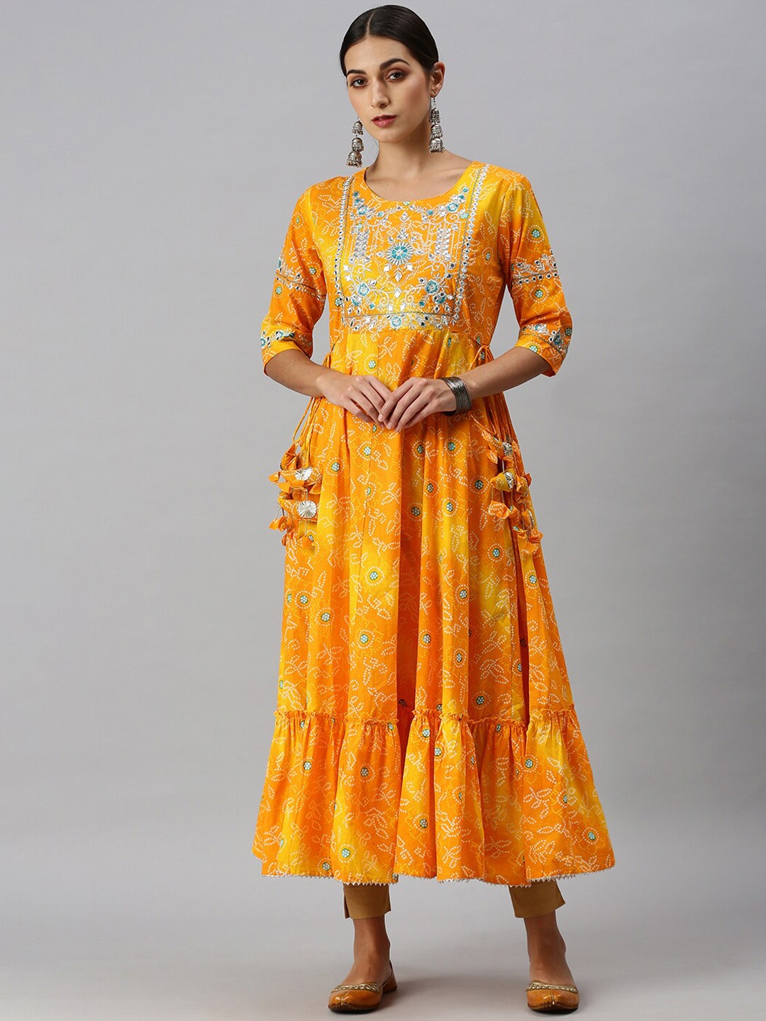 

SHOWOFF Bandhani Printed Mirror Work Panelled Anarkali Kurta, Yellow