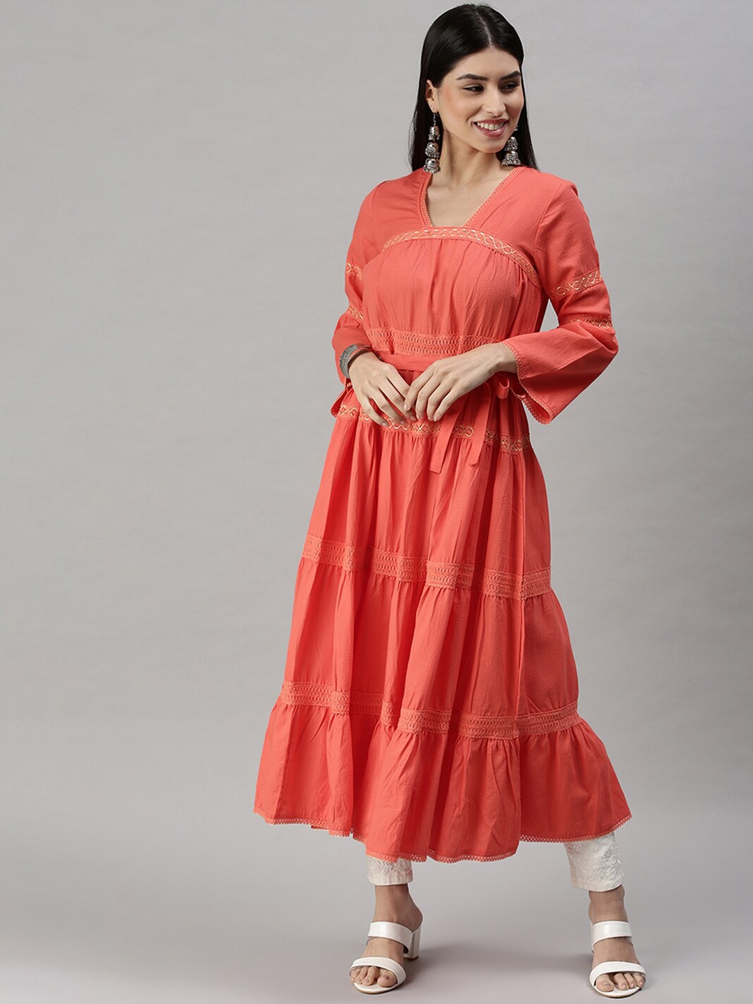 

SHOWOFF Square Neck Tiered Cotton A-Line Kurta, Peach