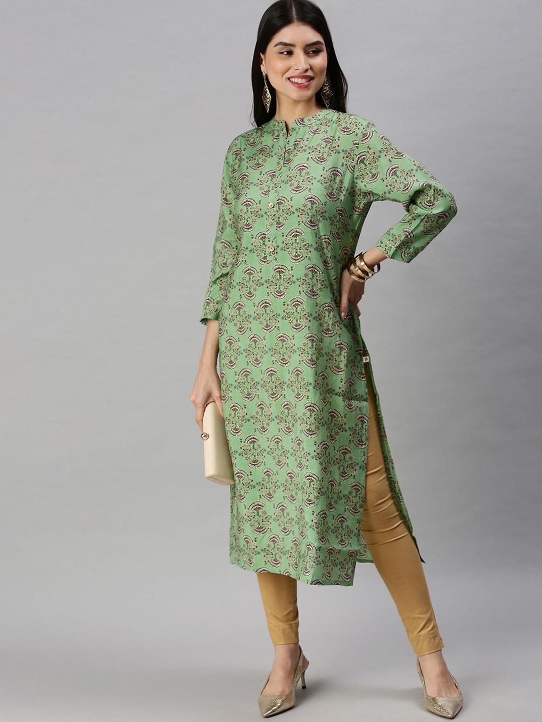 

SHOWOFF WEthnic Motifs Printed Mandarin Collar Kurta, Green