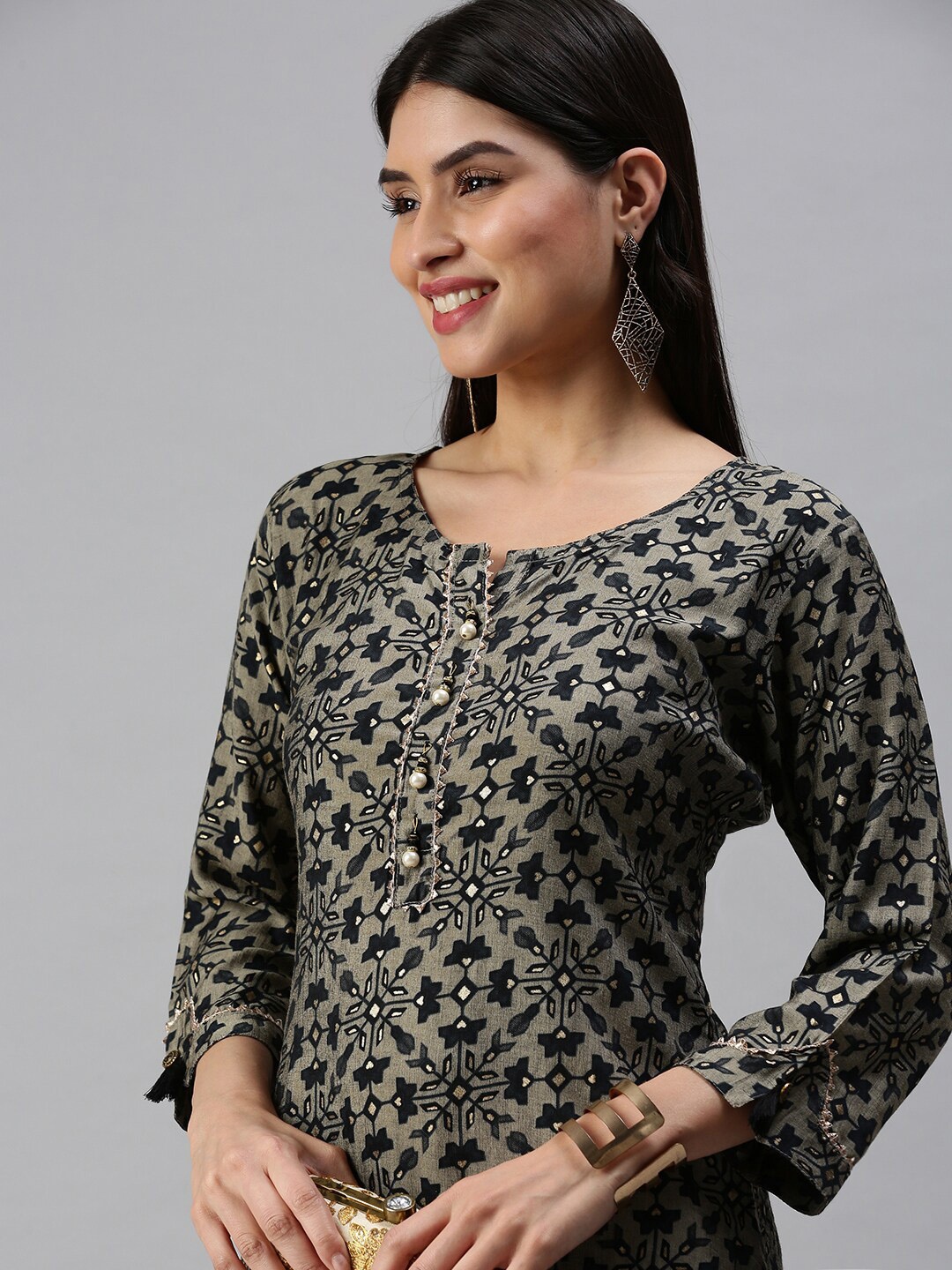 

SHOWOFF Ethnic Motifs Printed Cotton Straight Kurta, Grey