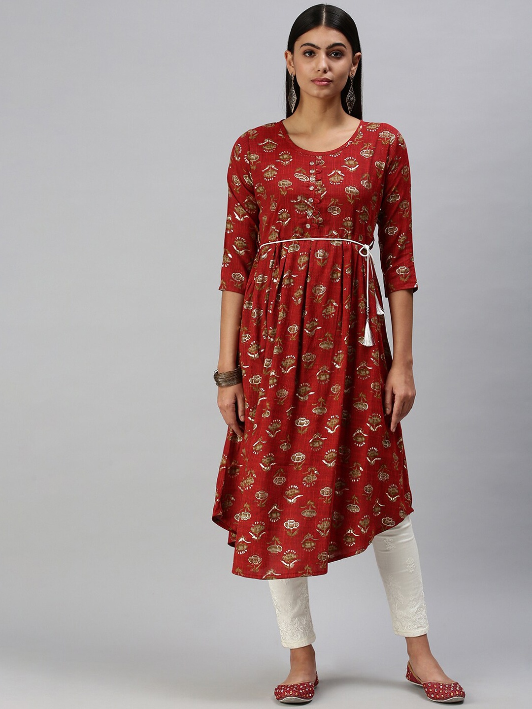 

SHOWOFF Floral Printed Anarkali Kurta, Red