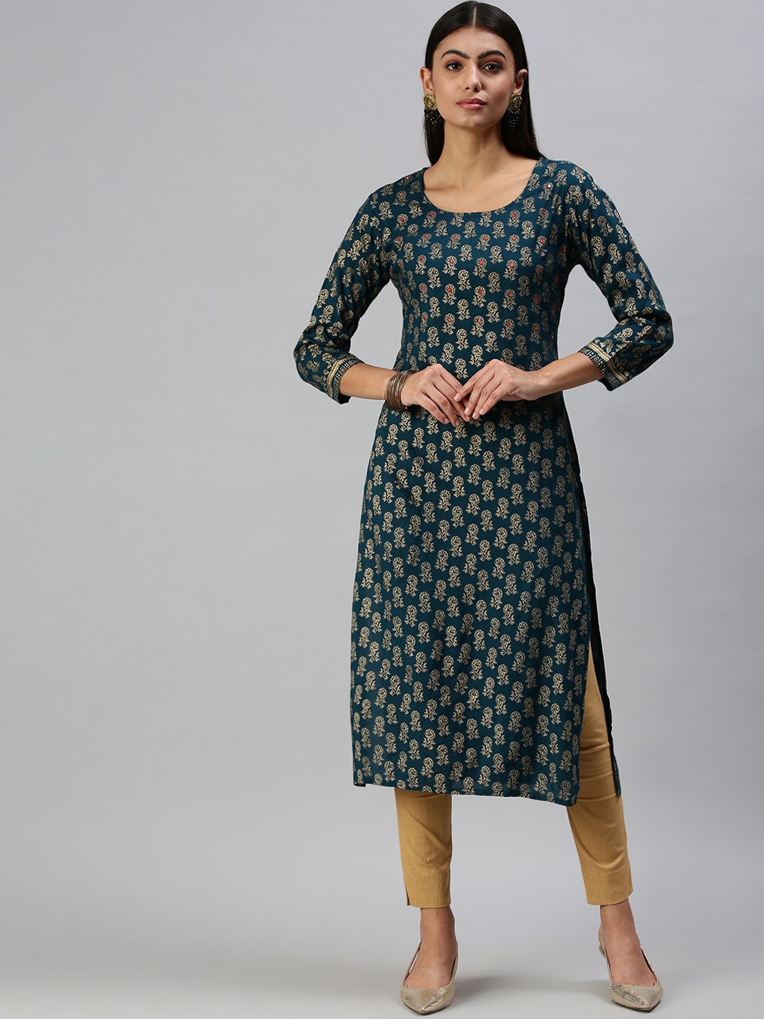

SHOWOFF Floral Printed Mirror Work Pure Cotton Straight Kurta, Teal