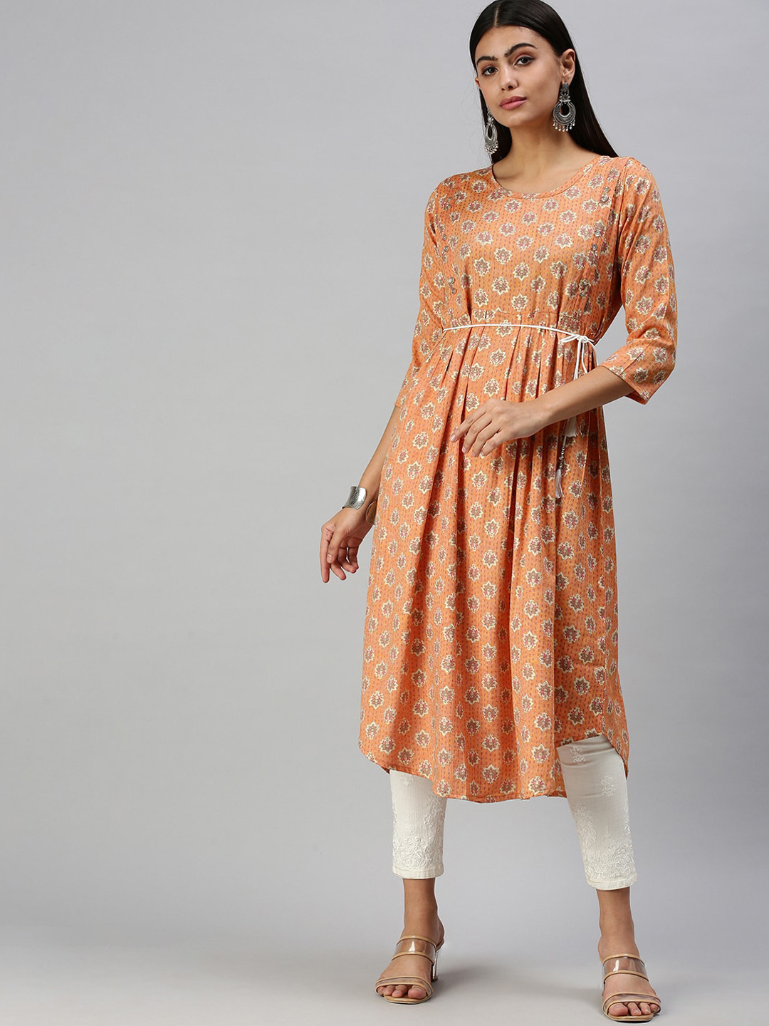 

SHOWOFF Floral Printed Round Neck Anarkali Kurta, Orange