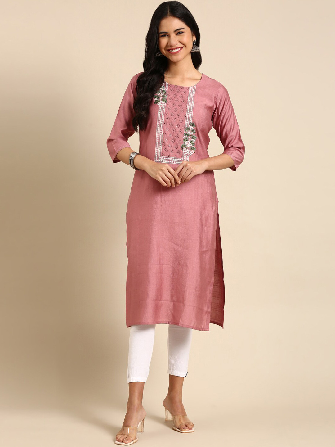 

SHOWOFF Printed Thread Work Kurta, Mauve