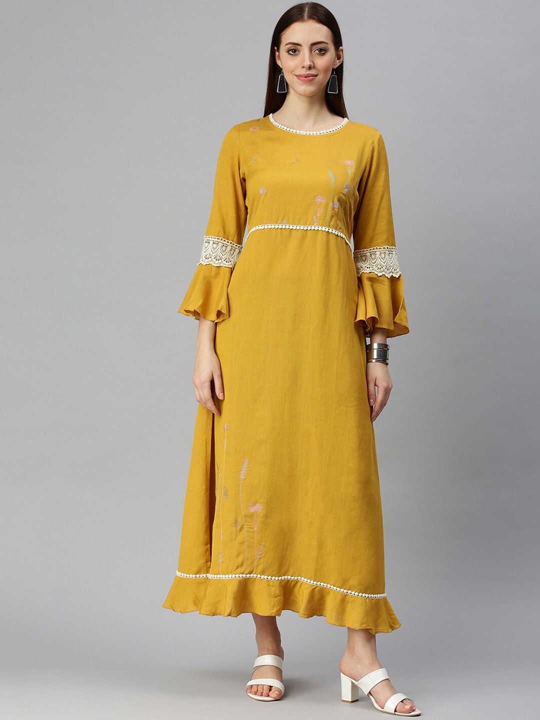 

SHOWOFF Round Neck Bell Sleeves Lace Up Thread Work Anarkali Kurta, Mustard