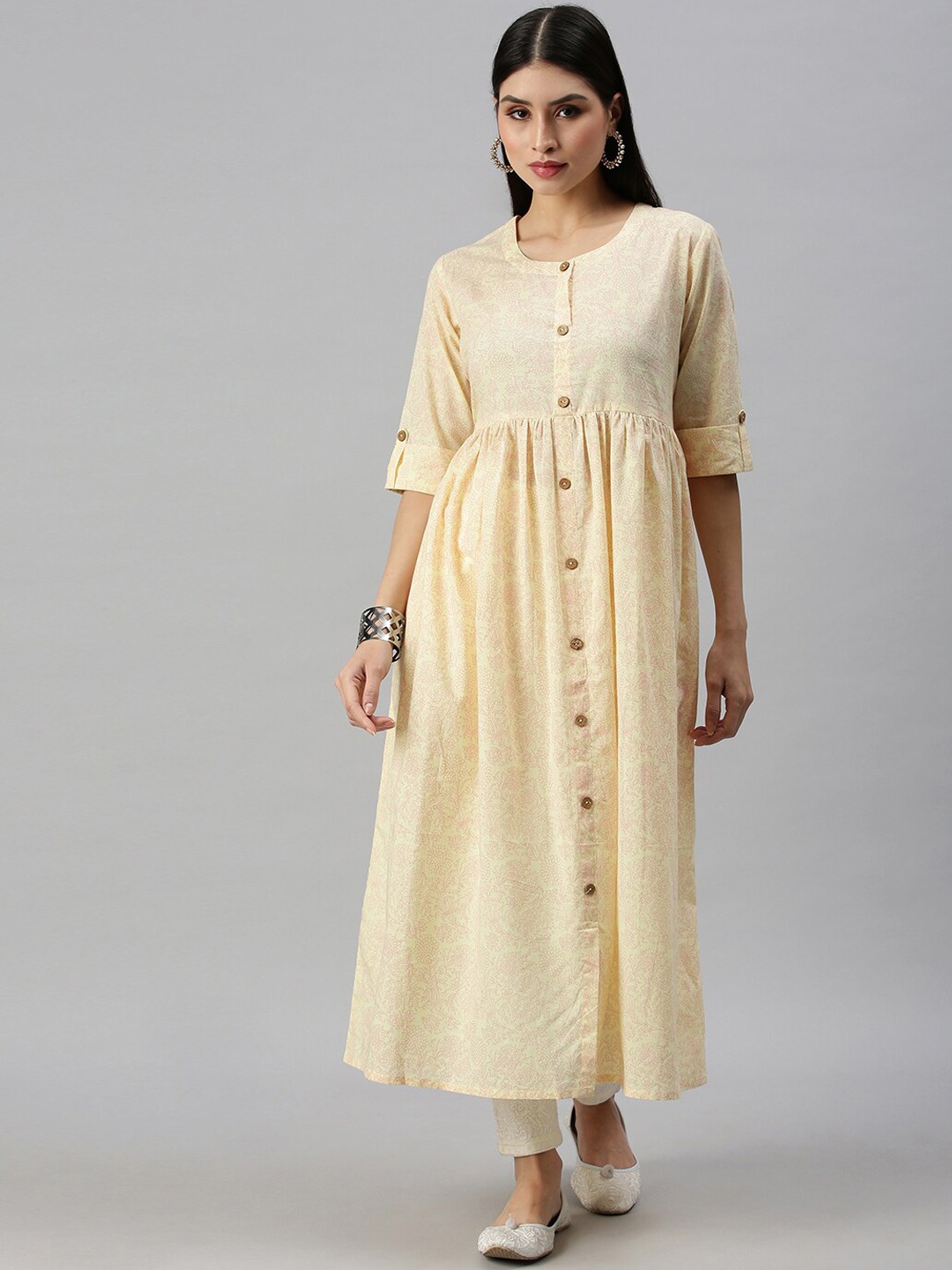 

SHOWOFF Round Neck Cotton Pleated A-Line Kurta, Yellow