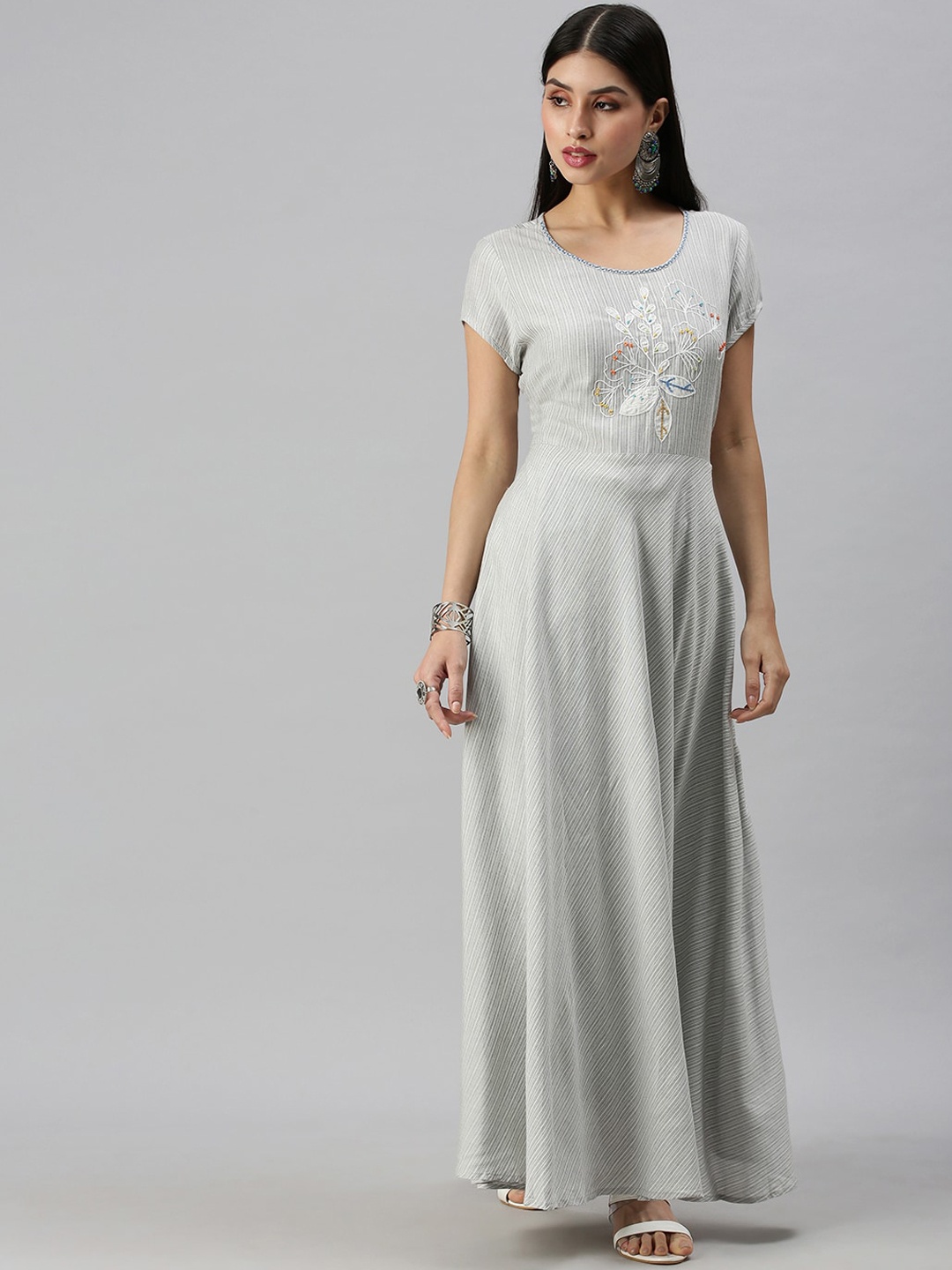 

SHOWOFF Striped Thread Work A-Line Kurta, Grey