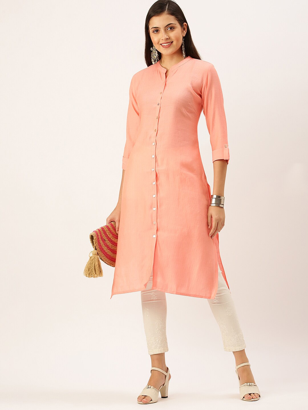 

SHOWOFF Band Collar Roll Up Sleeves Straight Kurta, Peach