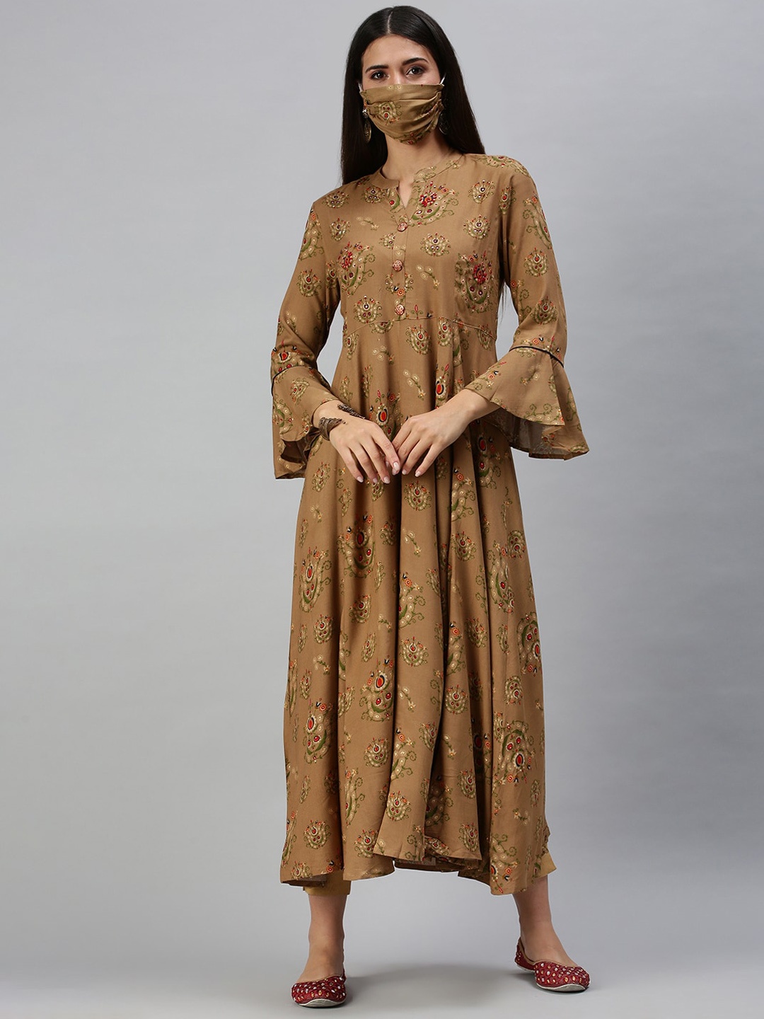 

SHOWOFF Embroidered Cotton Foil Print Band Collar Bell Sleeves A-Line Kurta, Brown