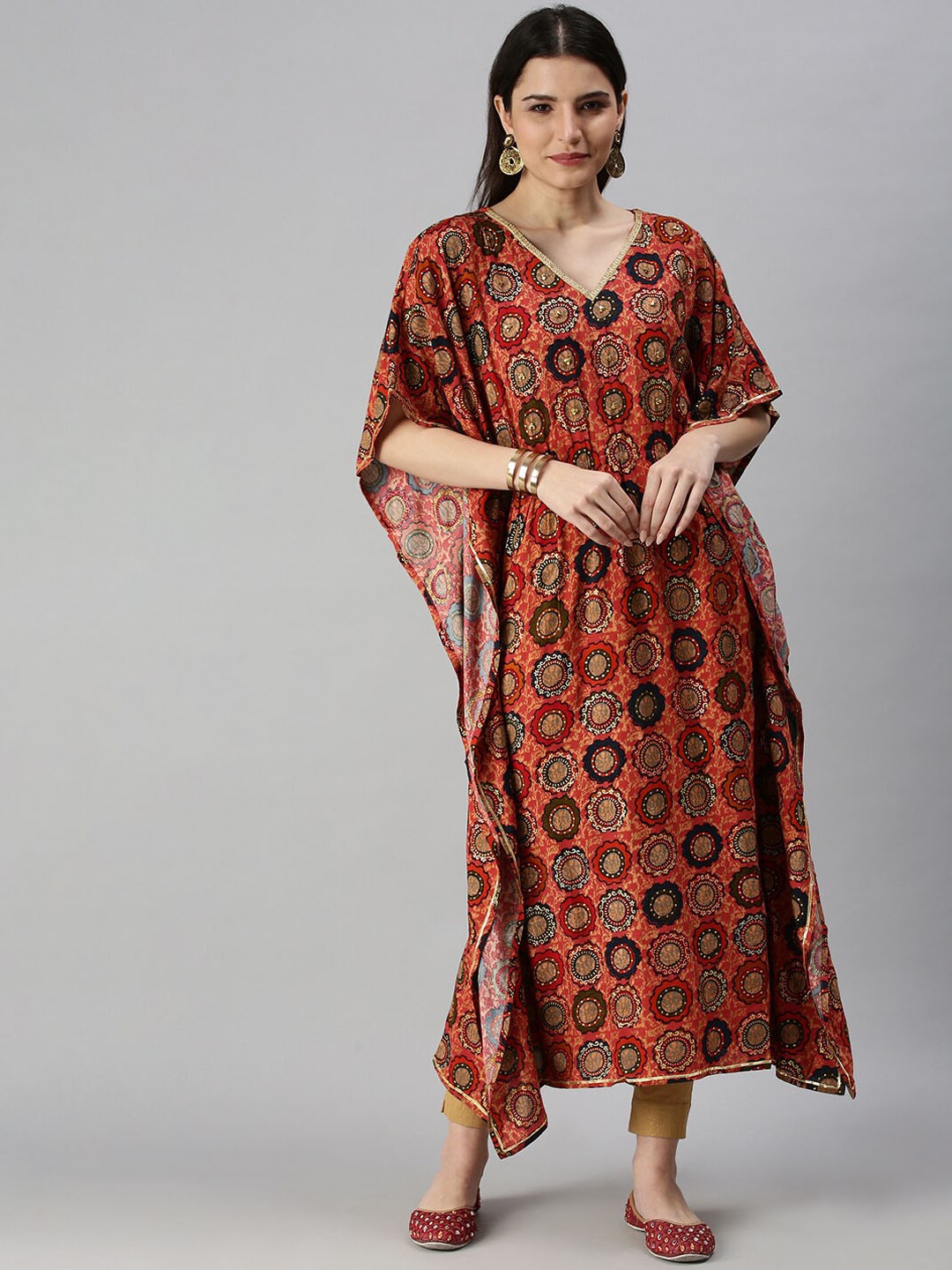 

SHOWOFF Ethnic Motifs Printed Cotton Kaftan Kurta, Coral