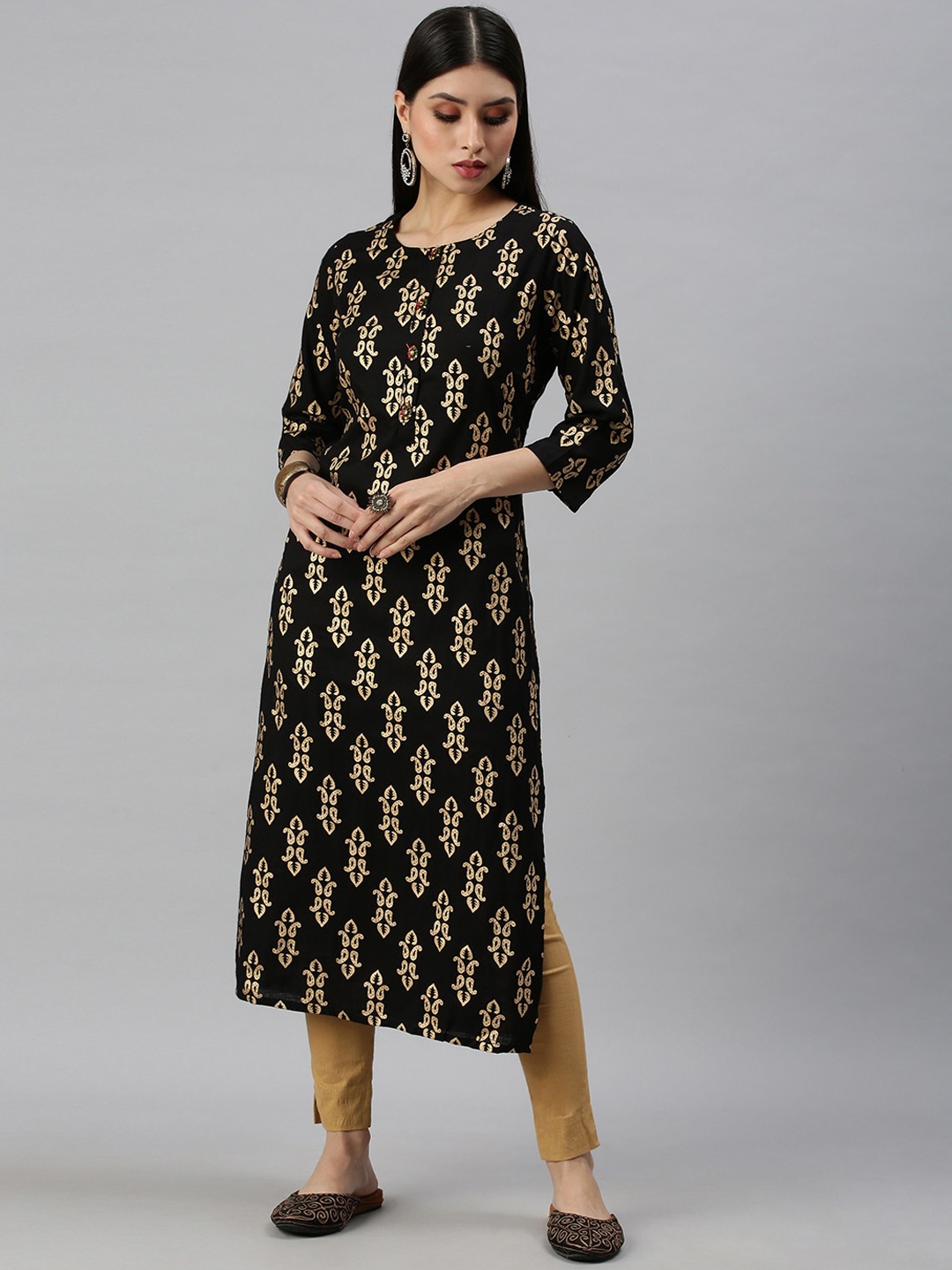 

SHOWOFF Ethnic Motifs Printed Round Neck Kurta, Black