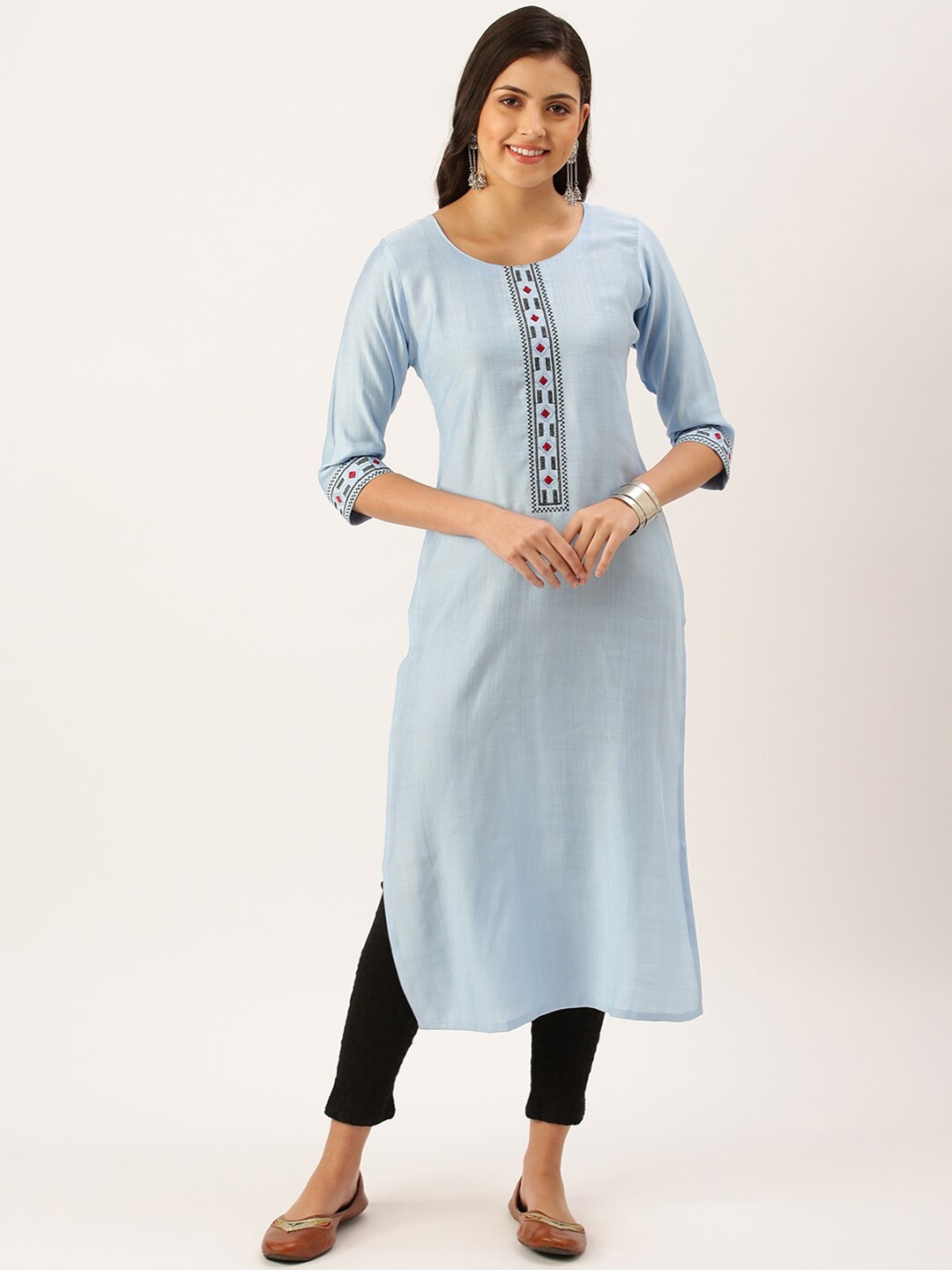 

SHOWOFF Round Neck Cotton Straight Regular Kurta, Blue