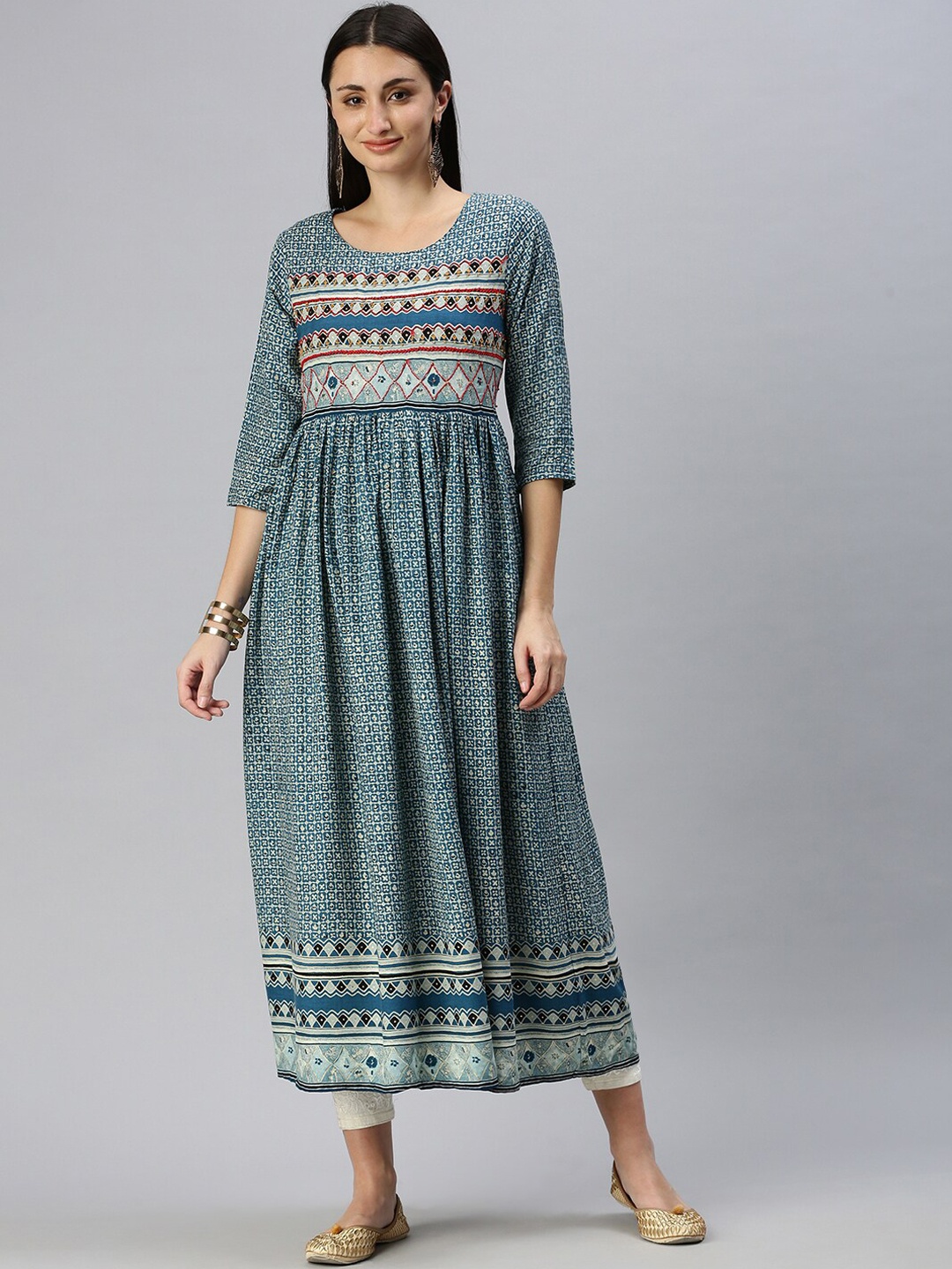 

SHOWOFF Ethnic Motifs Printed Thread Work Kurta, Blue