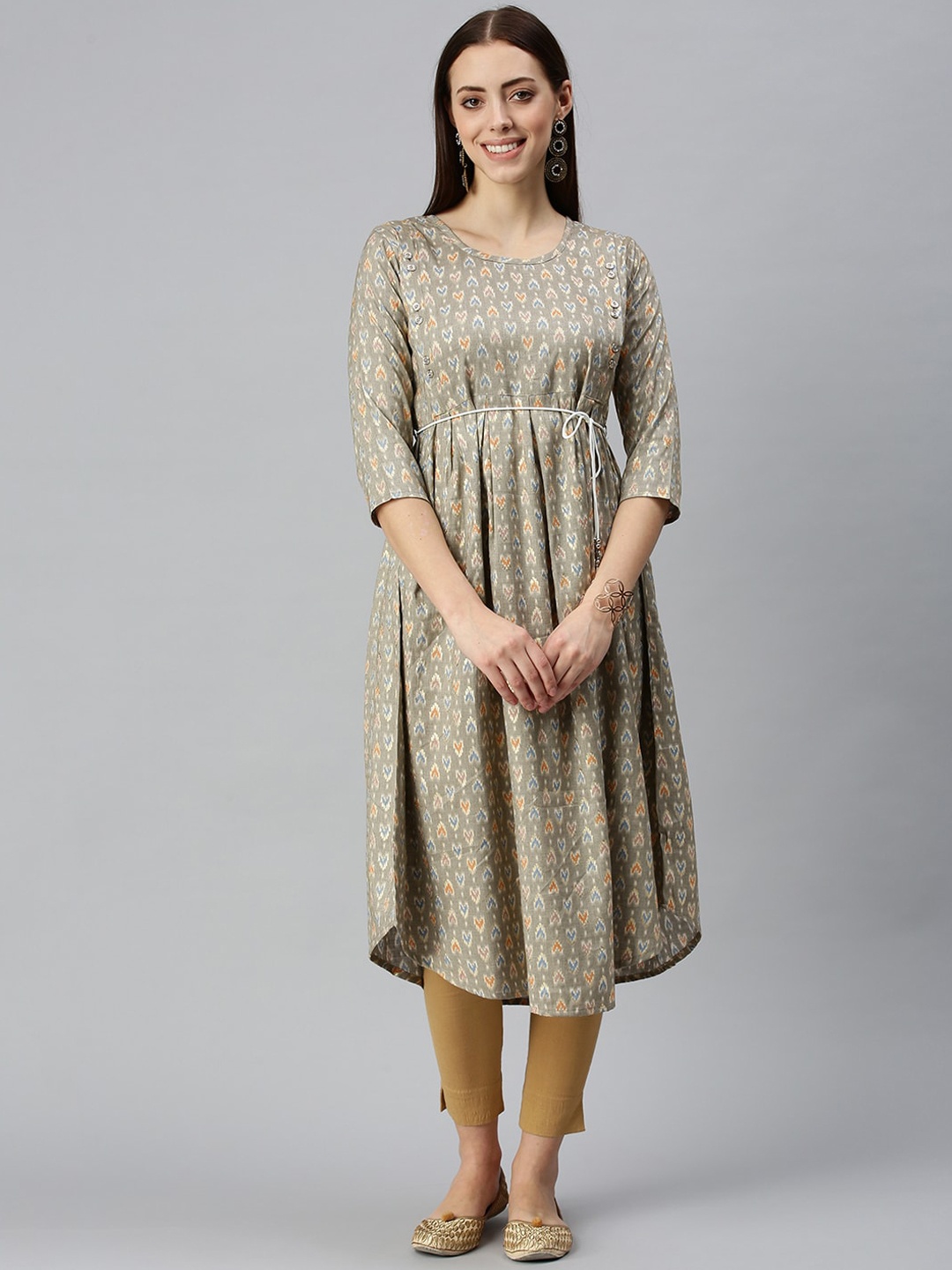 

SHOWOFF Ethnic Motifs Printed Pleated Anarkali Kurta, Brown