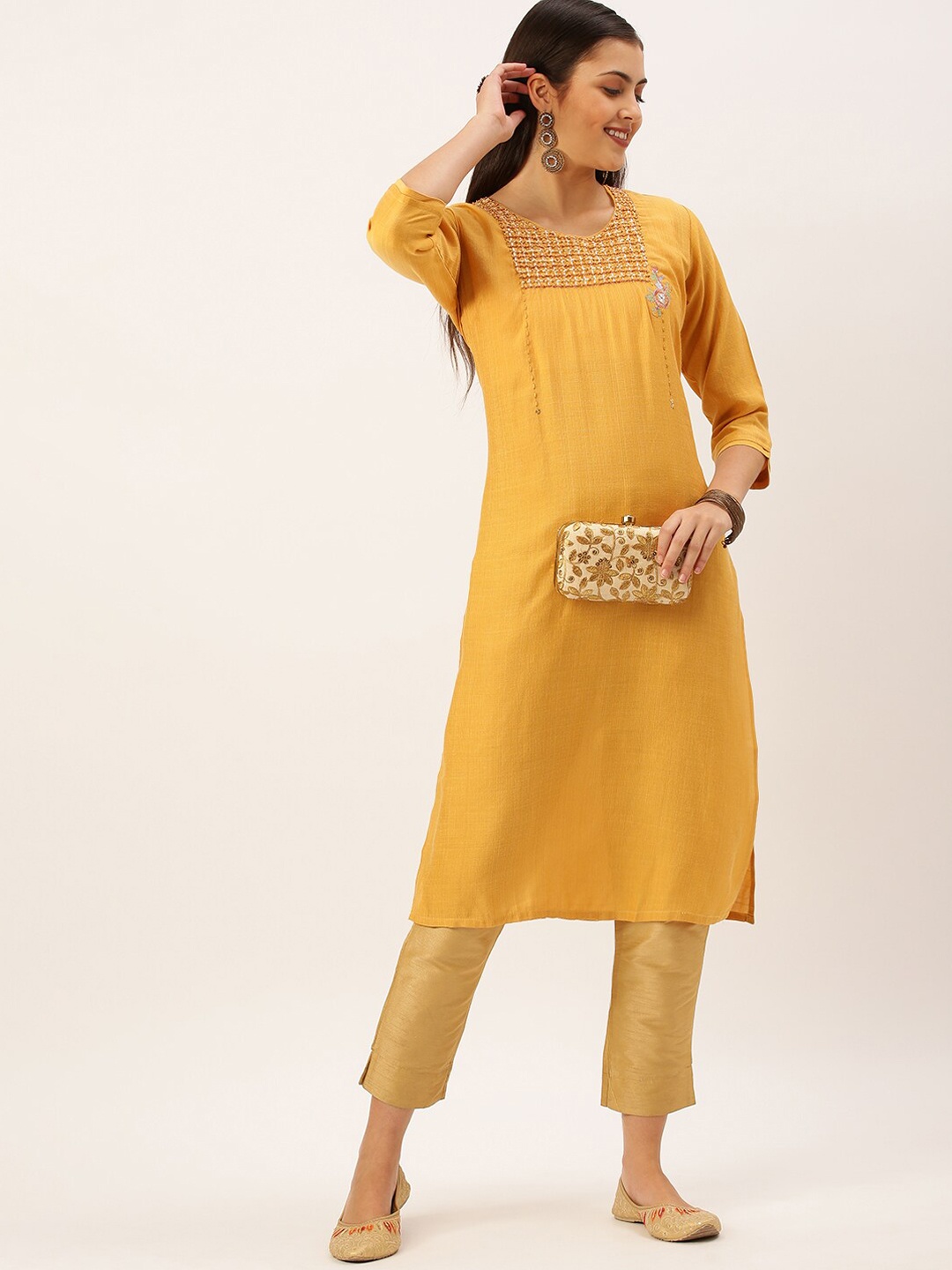 

SHOWOFF Ethnic Motifs Embroidered Beads and Stones Pastels Kurta, Mustard