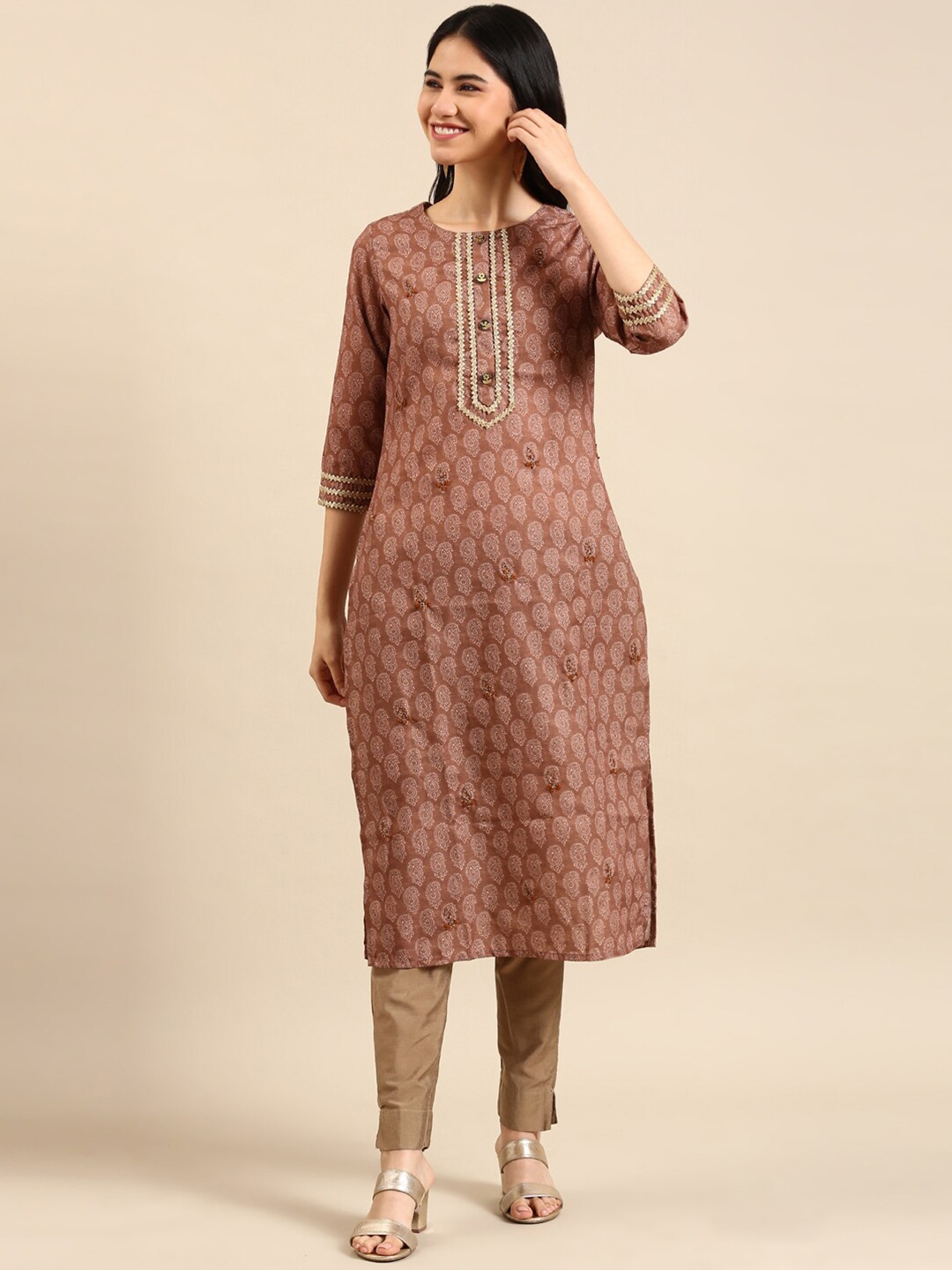 

SHOWOFF Paisley Printed Beads & stones Cotton Straight Kurta, Brown