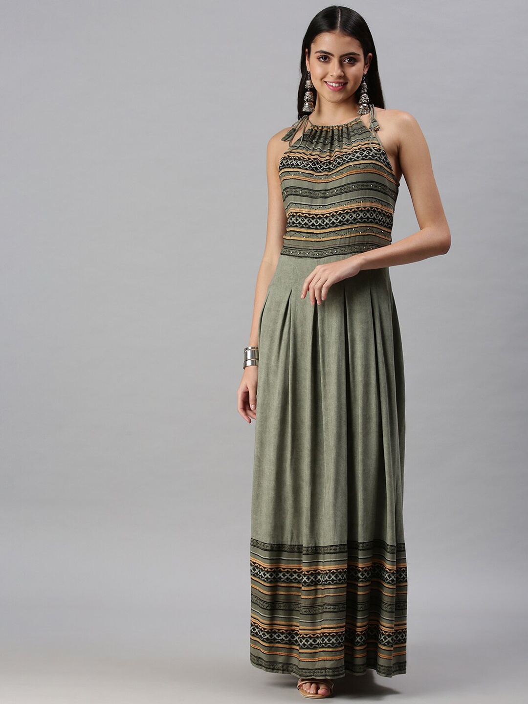 

SHOWOFF Geometric Printed Sequinned Cotton Maxi Ethnic Dress, Olive