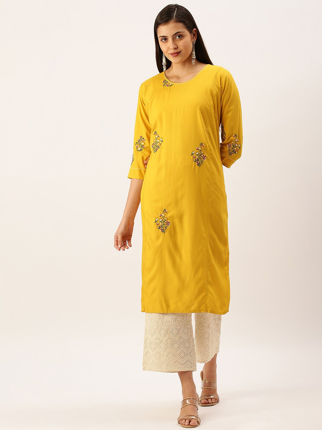 

SHOWOFF Floral Embroidered Thread Work Kurta, Mustard