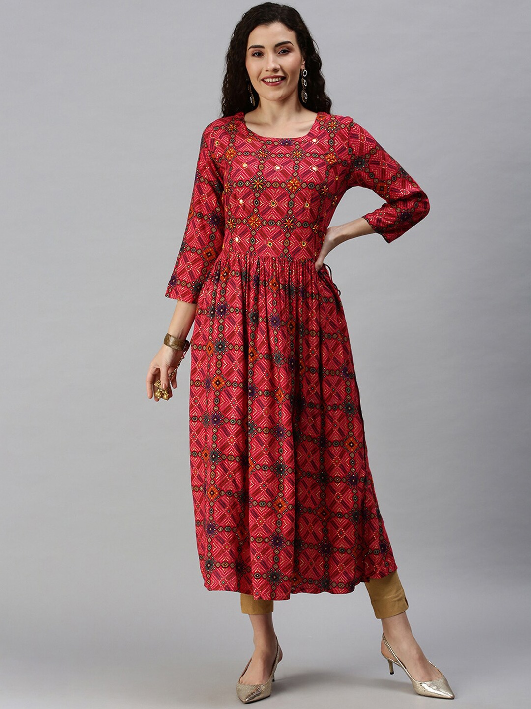 

SHOWOFF Ethnic Motifs Printed Thread Work Cotton A-Line Kurta, Red