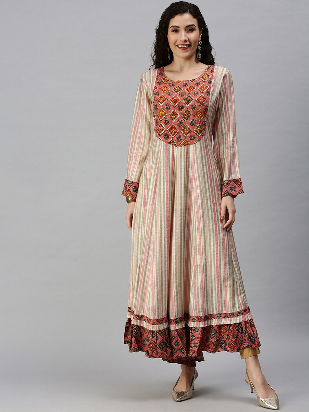 

SHOWOFF Striped Thread Work Panelled Anarkali Kurta, Beige