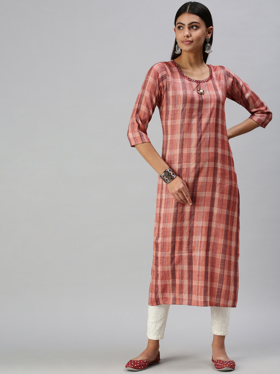 

SHOWOFF Checked Thread Work Kurta, Rust