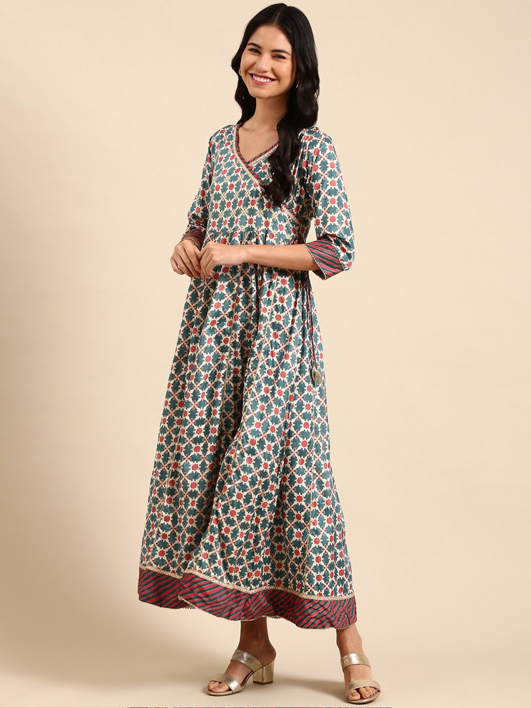 

SHOWOFF Ethnic Motifs Printed Sequinned Chanderi Silk Anarkali Kurta with Dupatta, Teal